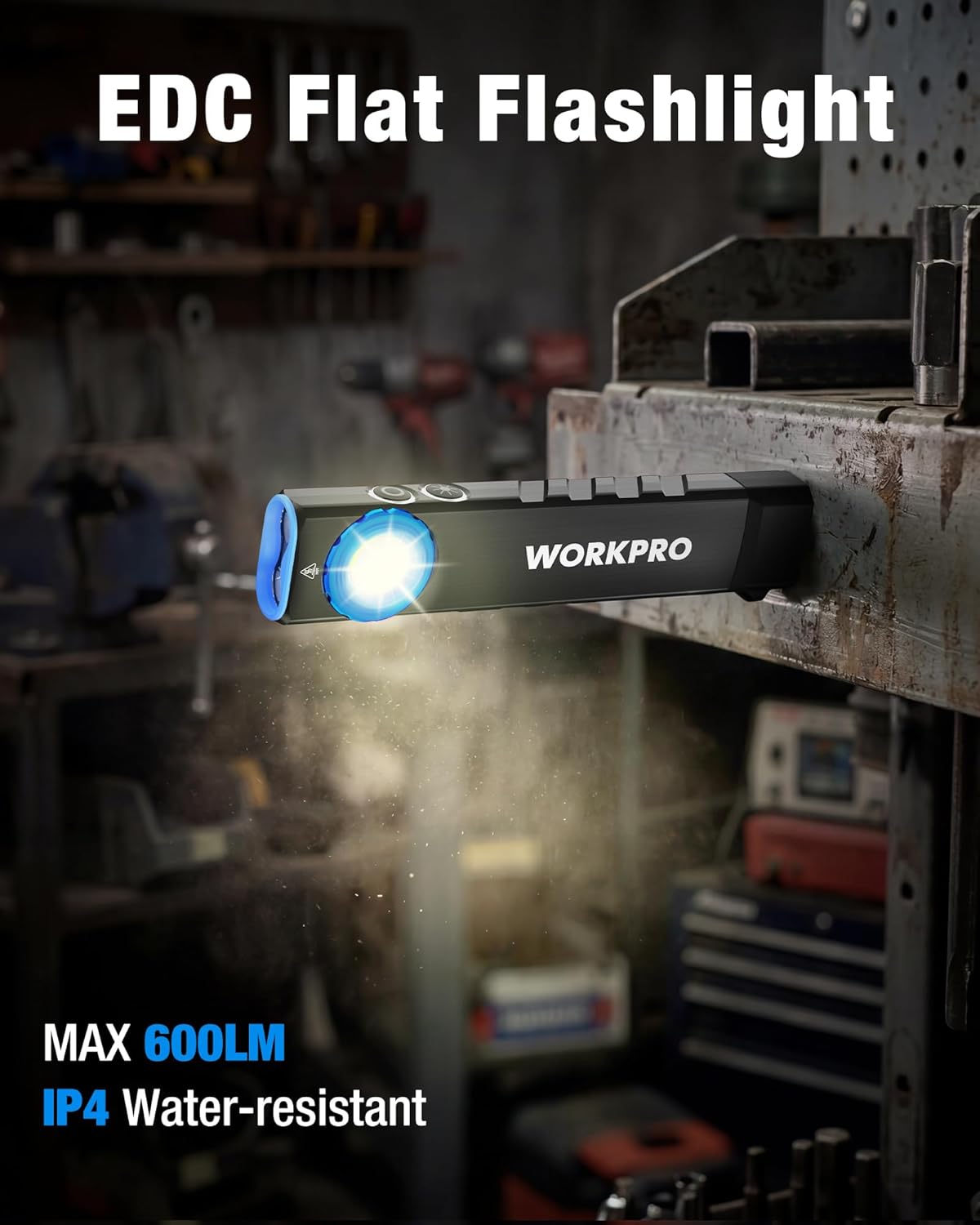 Compact flat rechargeable flashlight emitting a bright beam with blue control ring visible
