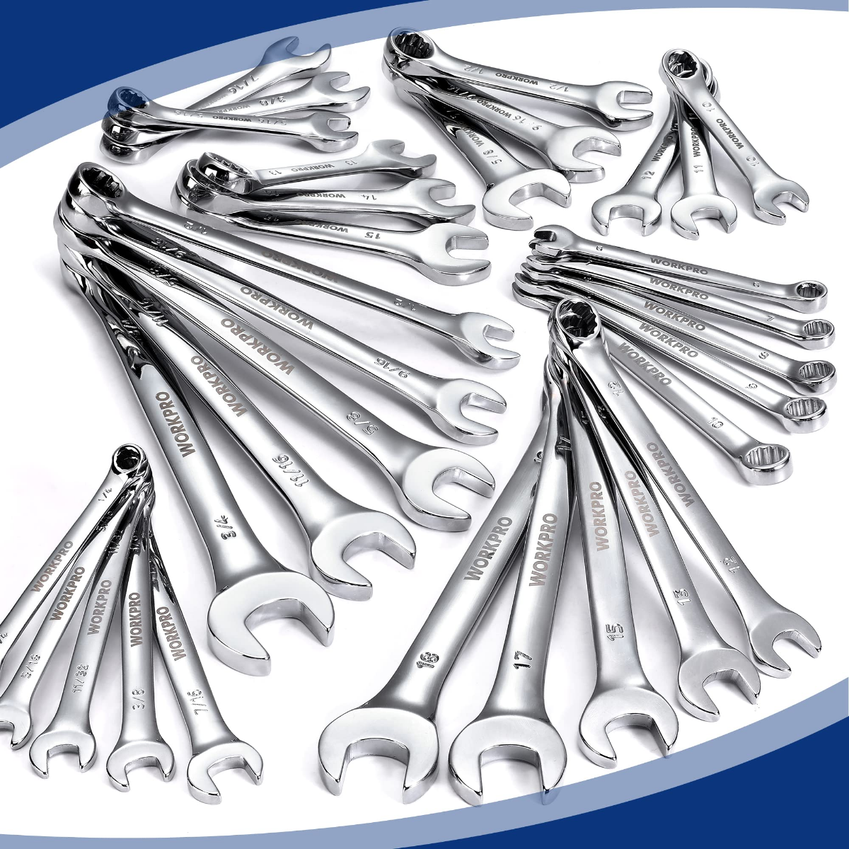 Assorted combination wrenches with chrome finish for SAE and metric sizes