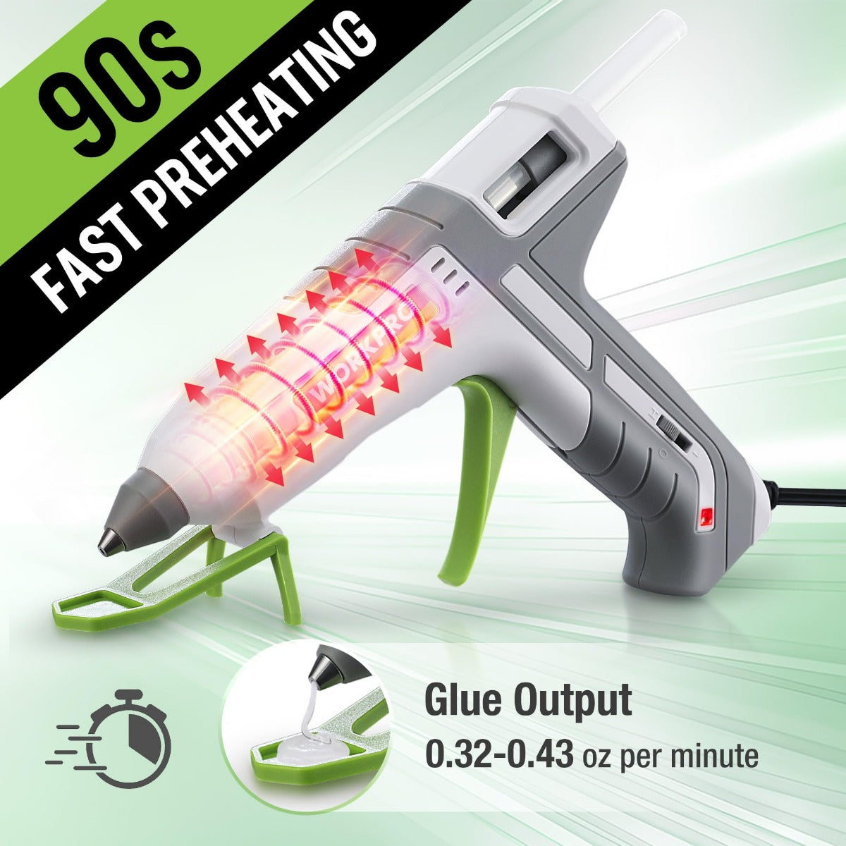 Pink and grey hot glue gun with green stand and heating glow around the nozzle.
