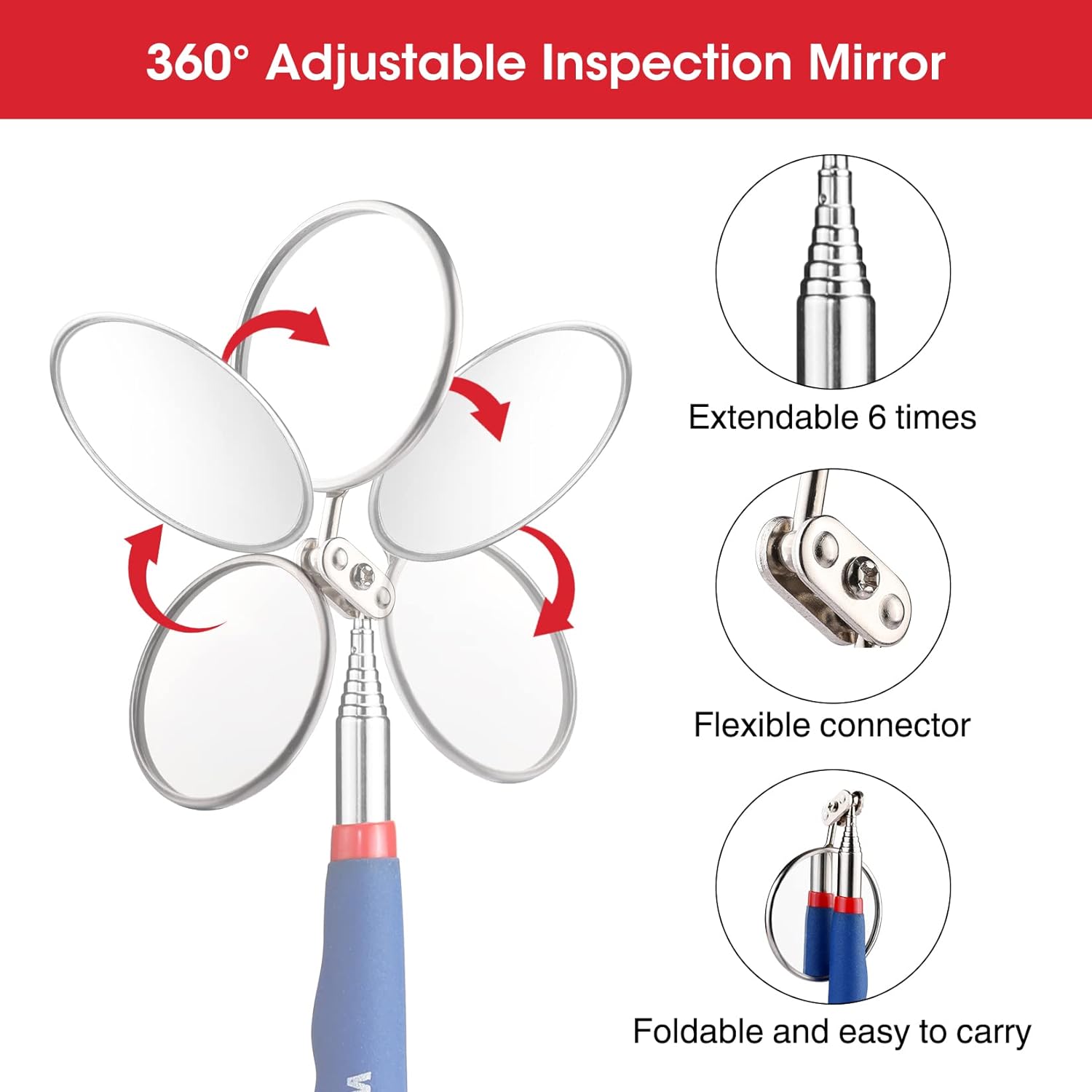 WORKPRO 360° inspection mirror tool with four-fold round mirror and blue handle