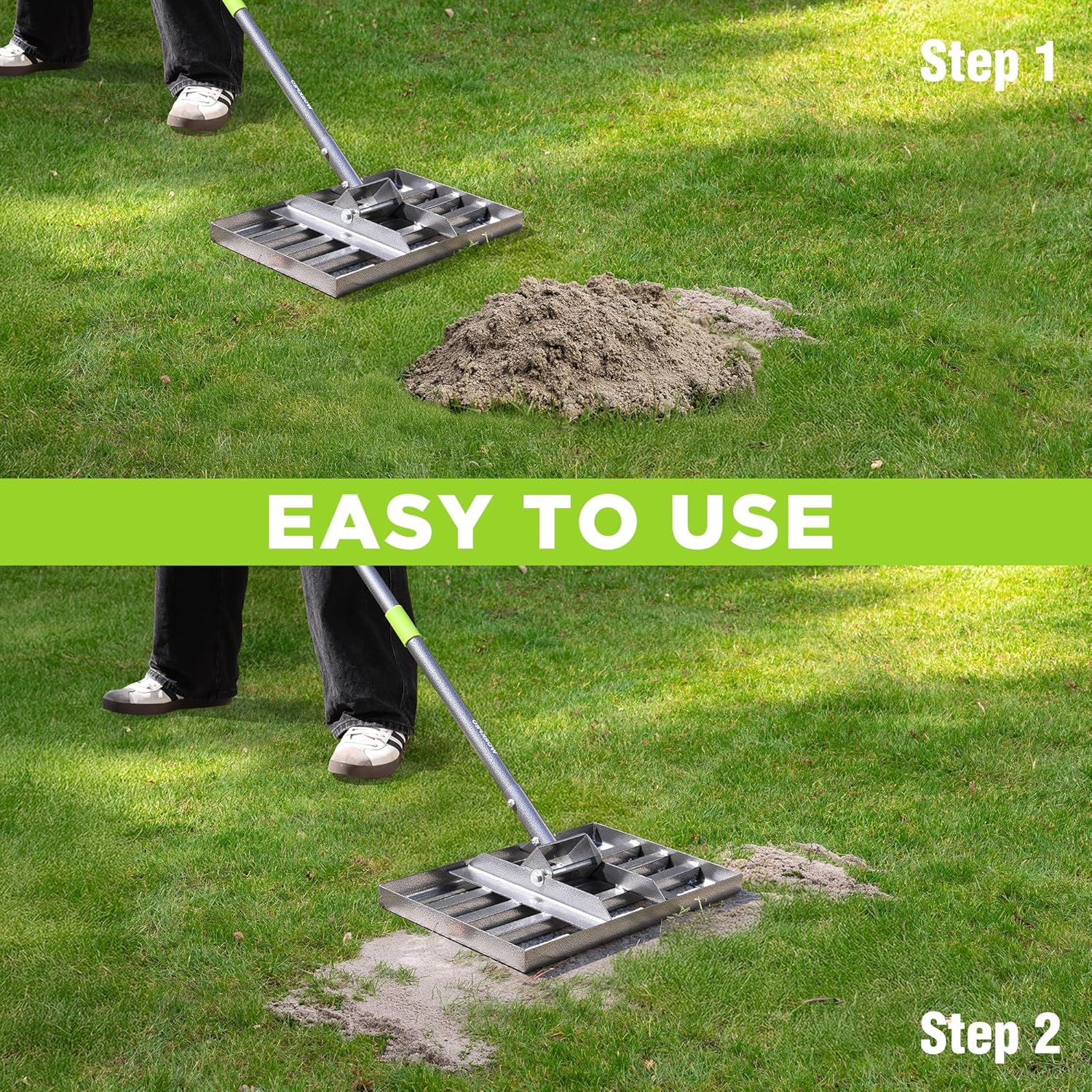 Lawn leveling rake head spreading soil on green lawn