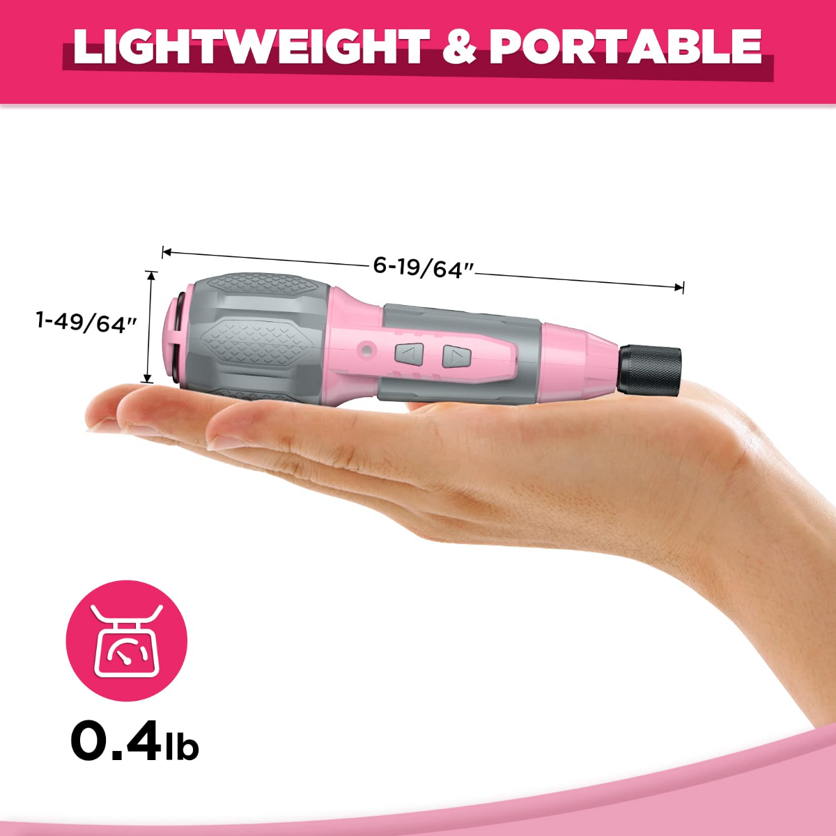Lightweight pink and white cordless screwdriver held in hand, compact design