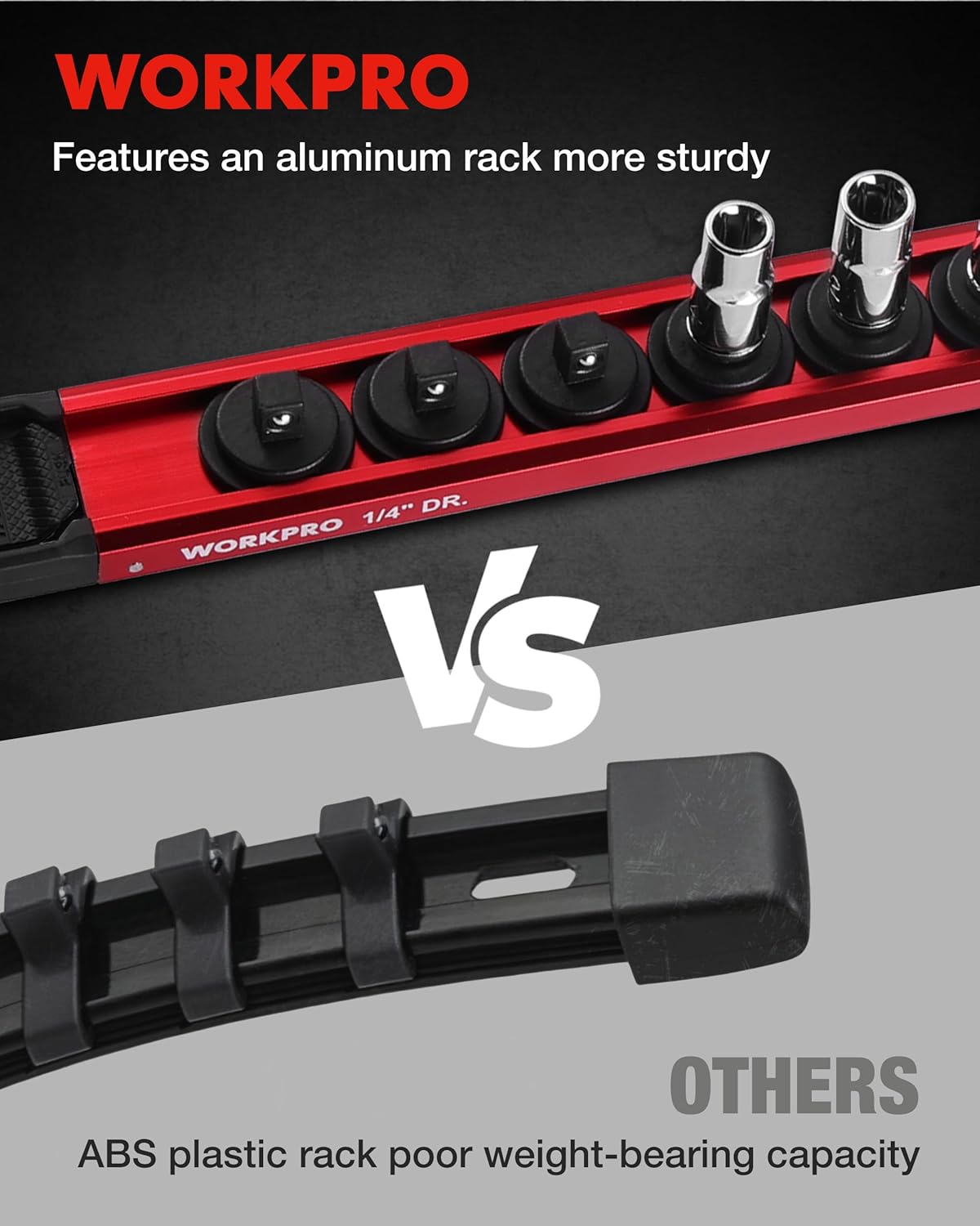 Red aluminum socket organizer rack with row of black socket clips on base