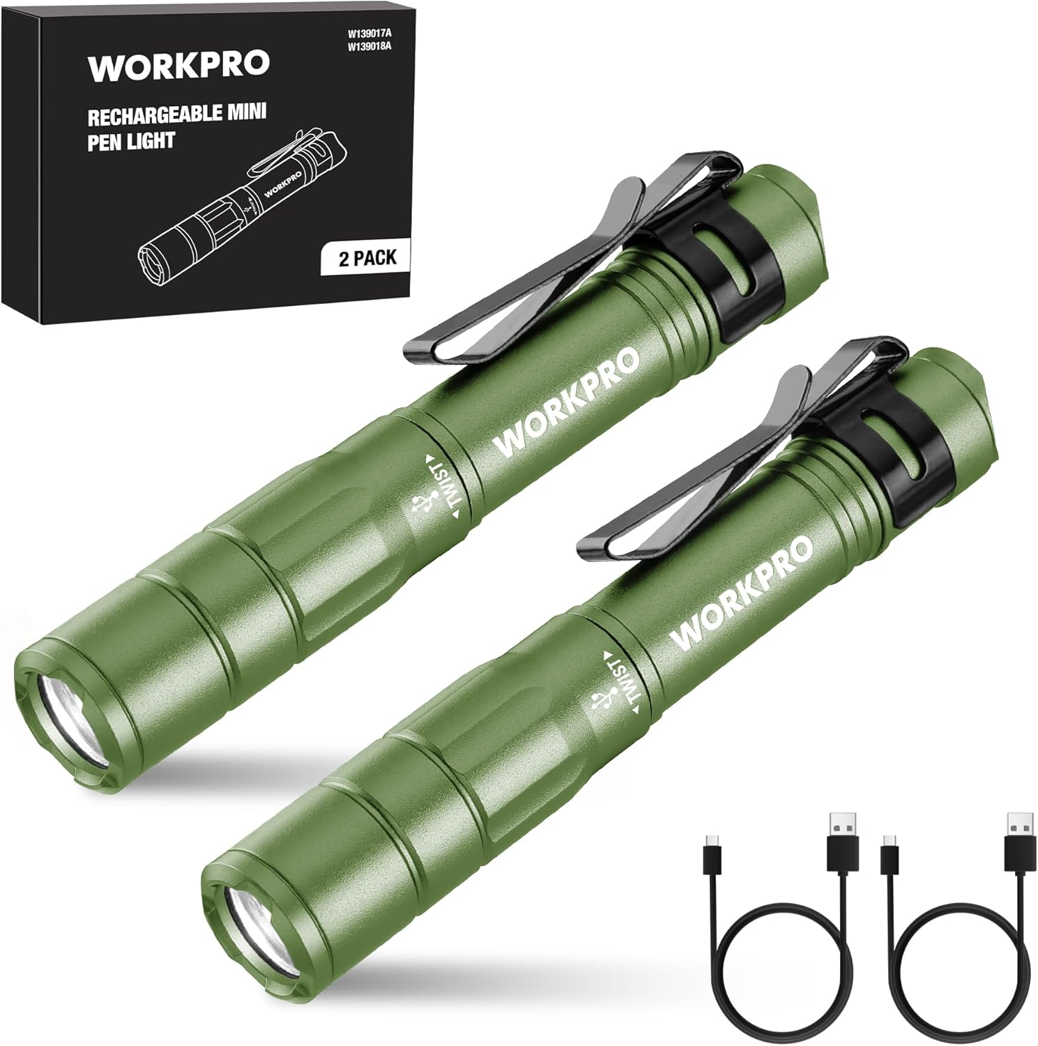 Green rechargeable mini pen light 2-pack with pocket clips and USB-C charging cables