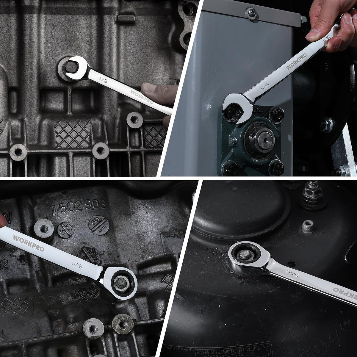 WORKPRO Ratcheting Wrench Set, SAE, 7-piece Ratcheting Combination Wrench Set, 5/16'', 3/8'', 7/16'', 1/2'', 9/16'', 5/8'', 18/16'', 12-Point, CR-V Steel, with Organizer Rack
