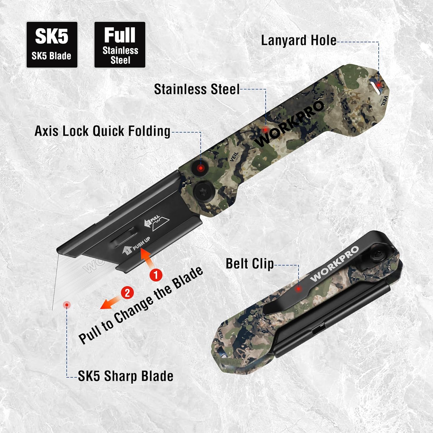 Camo folding utility pocket knife with stainless-steel style blade, belt clip and lanyard hole