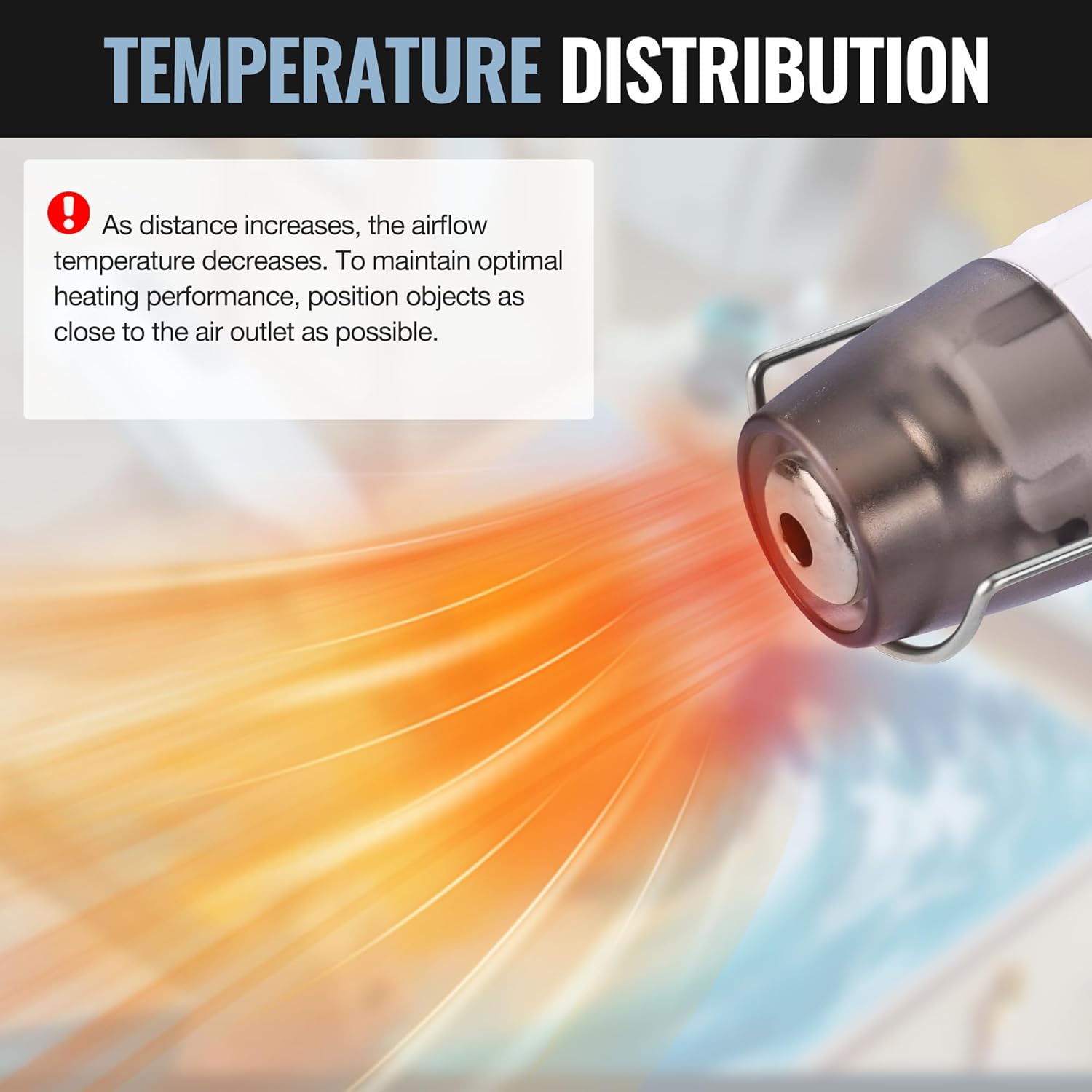 Cordless mini heat gun showing focused hot air stream from the metal nozzle outlet.