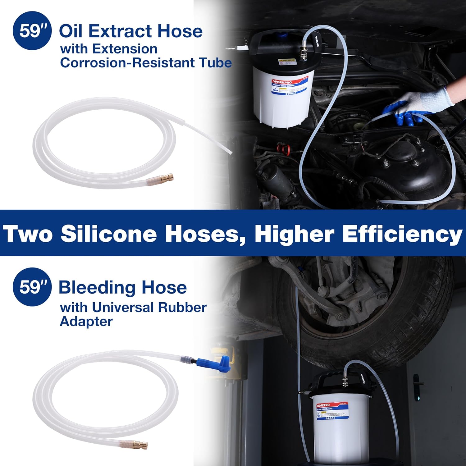 Brake bleeding hoses, 59 in silicone extraction line with rubber universal adapter