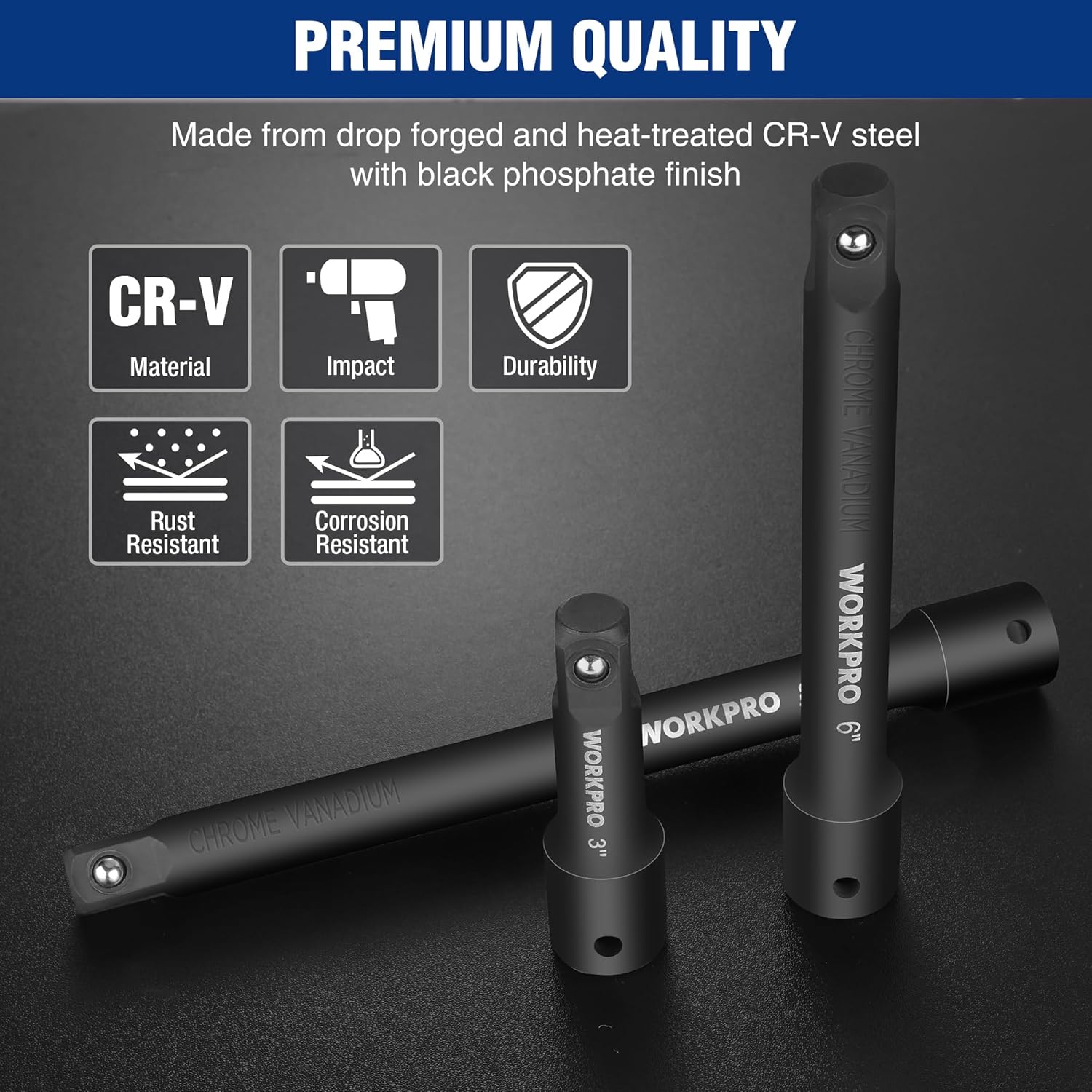 WORKPRO 1/2-in drive extension bars with black phosphate finish, three-piece set