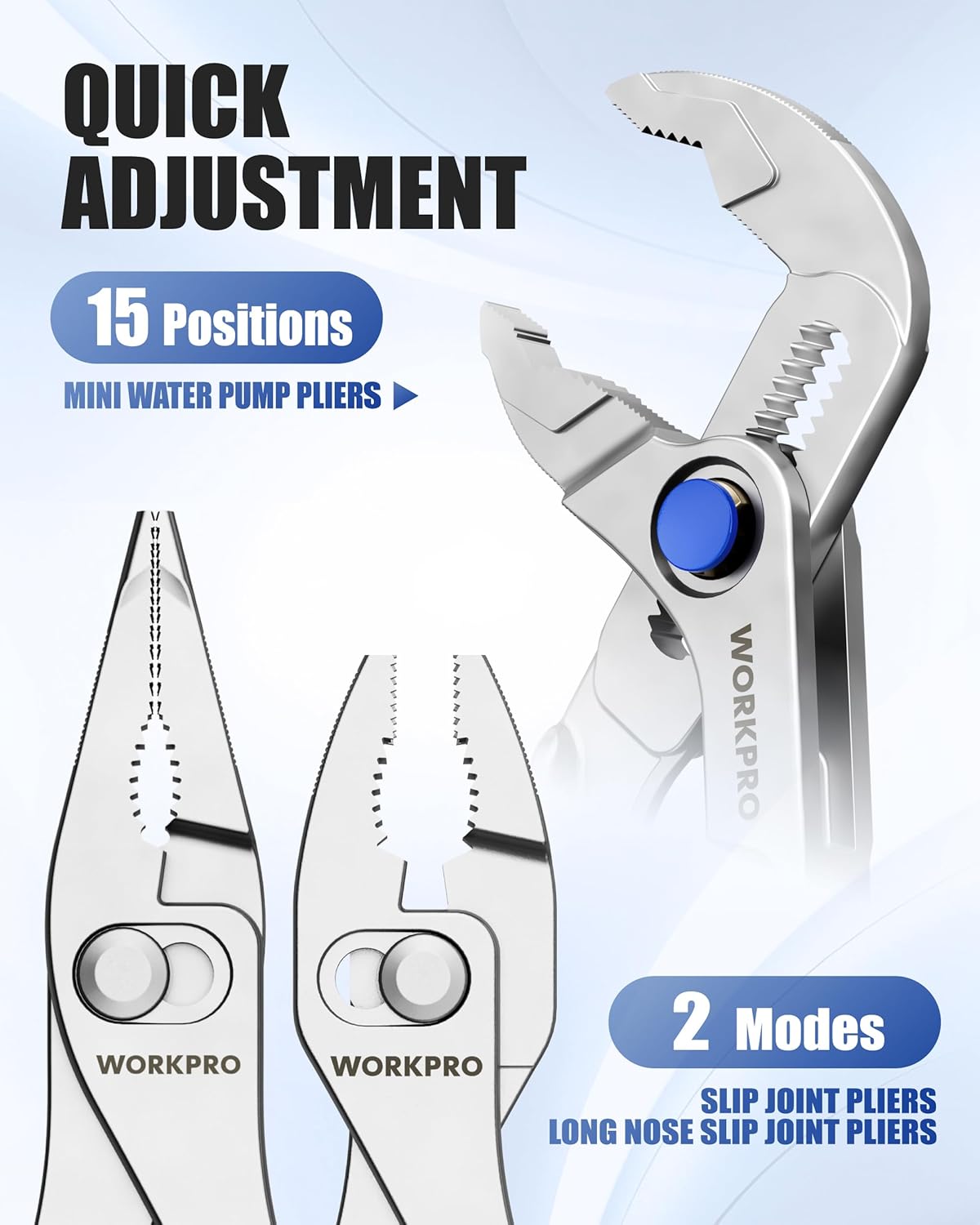Mini water pump pliers with quick adjustment, 15 positions and 2 modes callouts