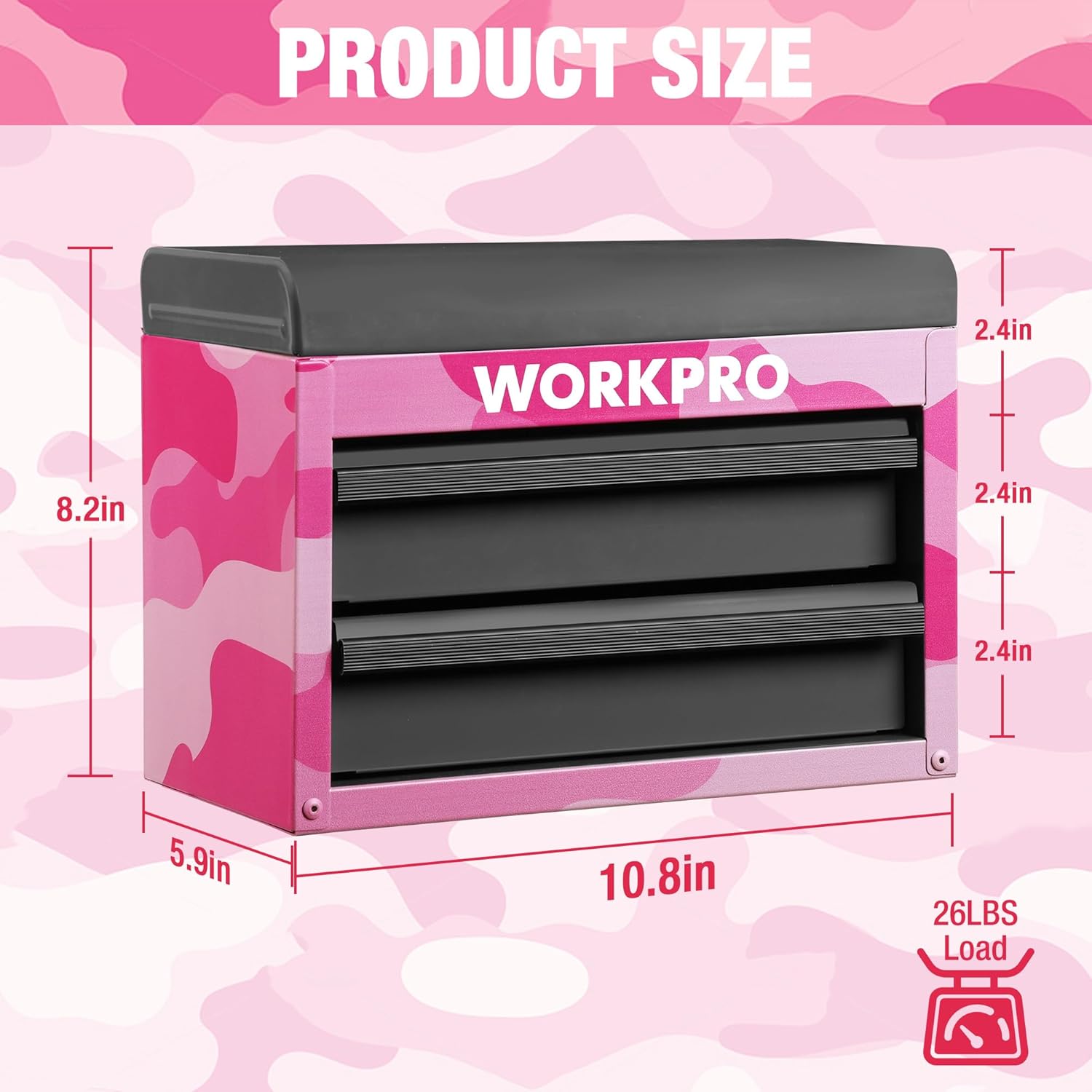 Pink camo metal mini tool box with two black sliding drawers and open front panel