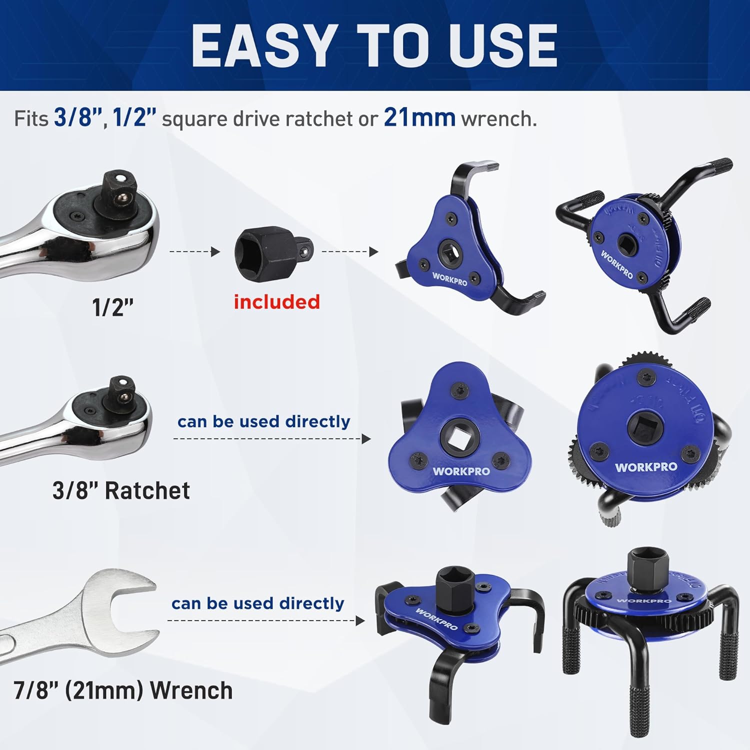 Blue adjustable oil filter wrench shown with socket drive and wrench compatibility