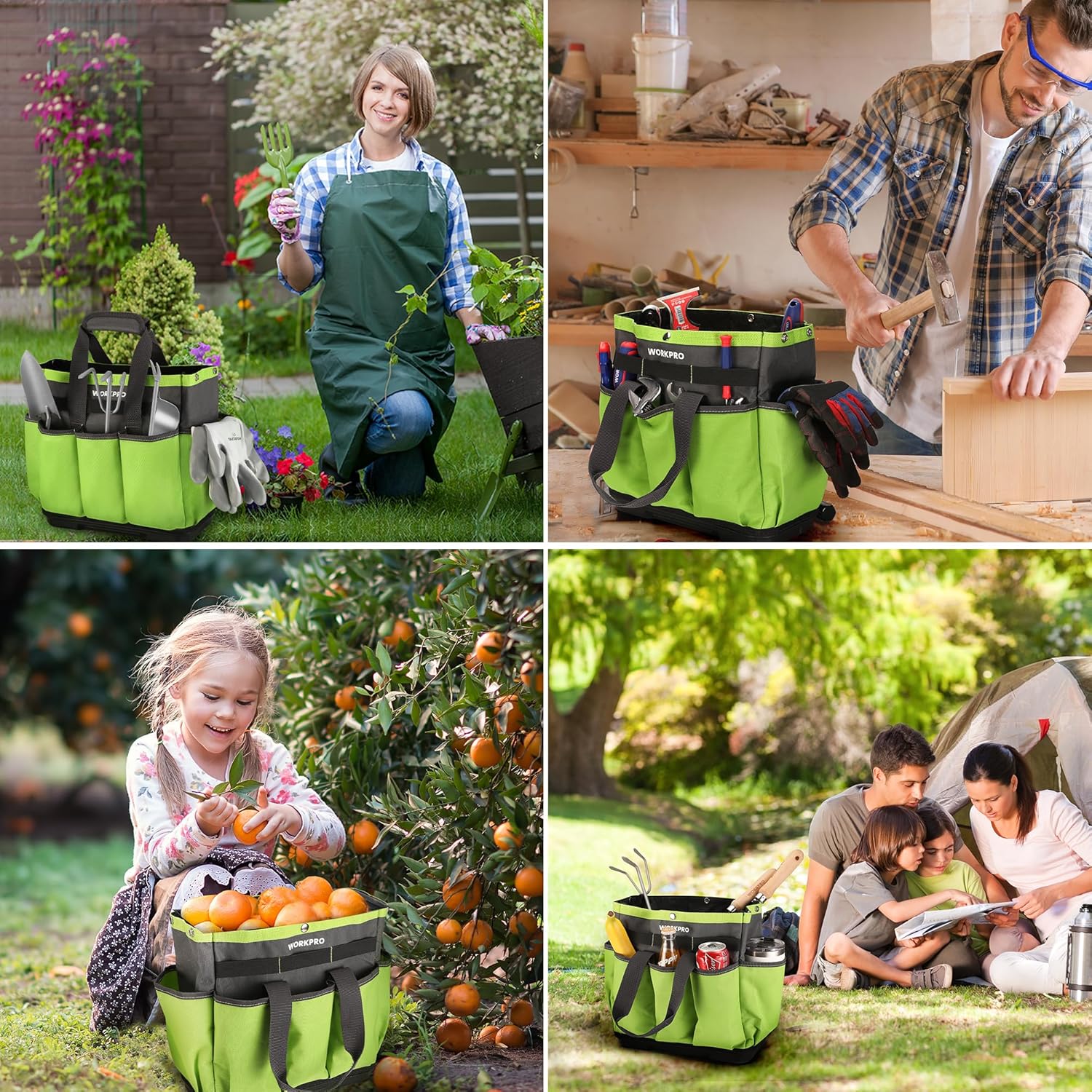 Green garden tool tote carried outdoors and indoors with gardening tools.