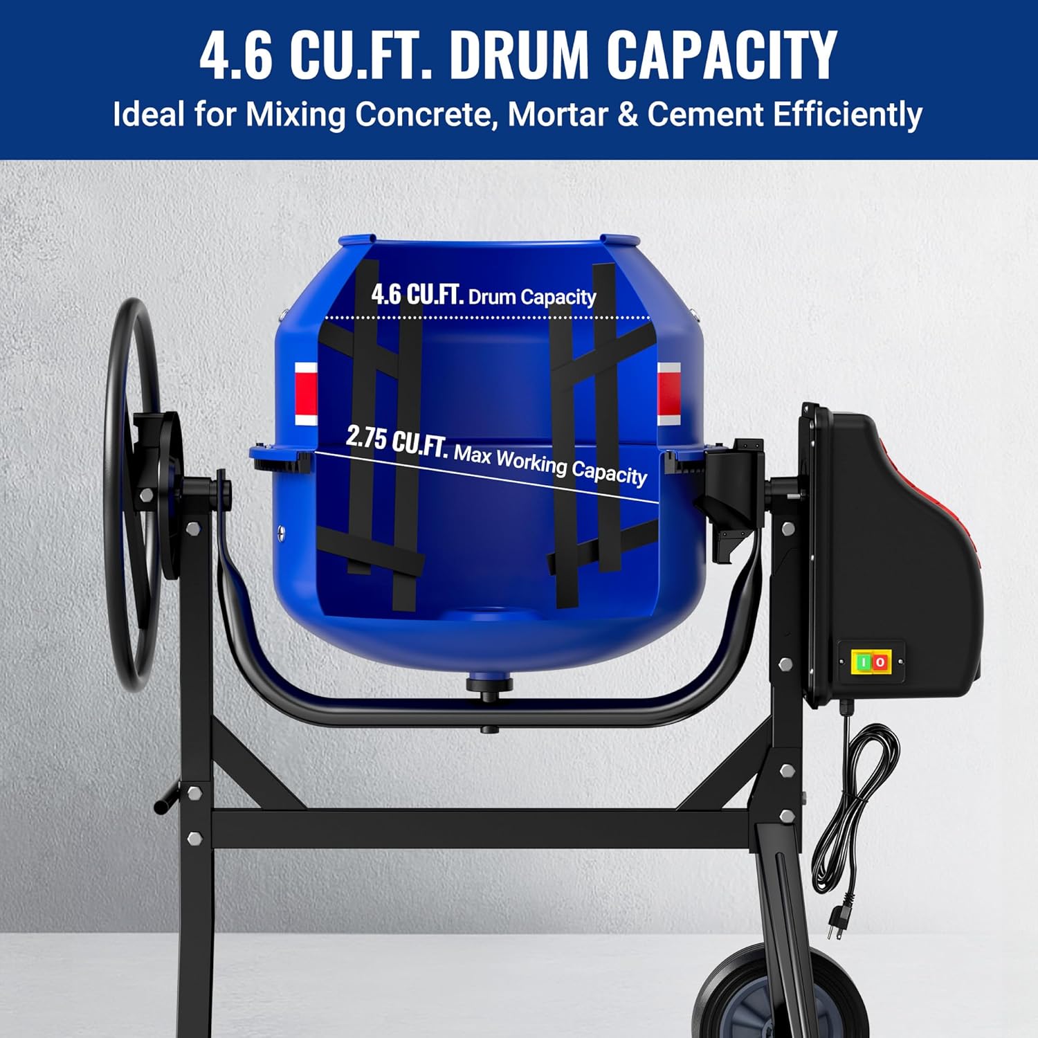 Electric concrete mixer showing blue mixing drum with ring gear and control box
