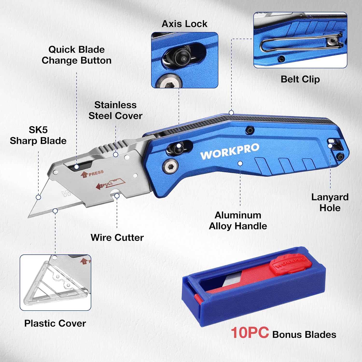 Folding utility knife with aluminum alloy handle, axis lock, belt clip, and blade cover