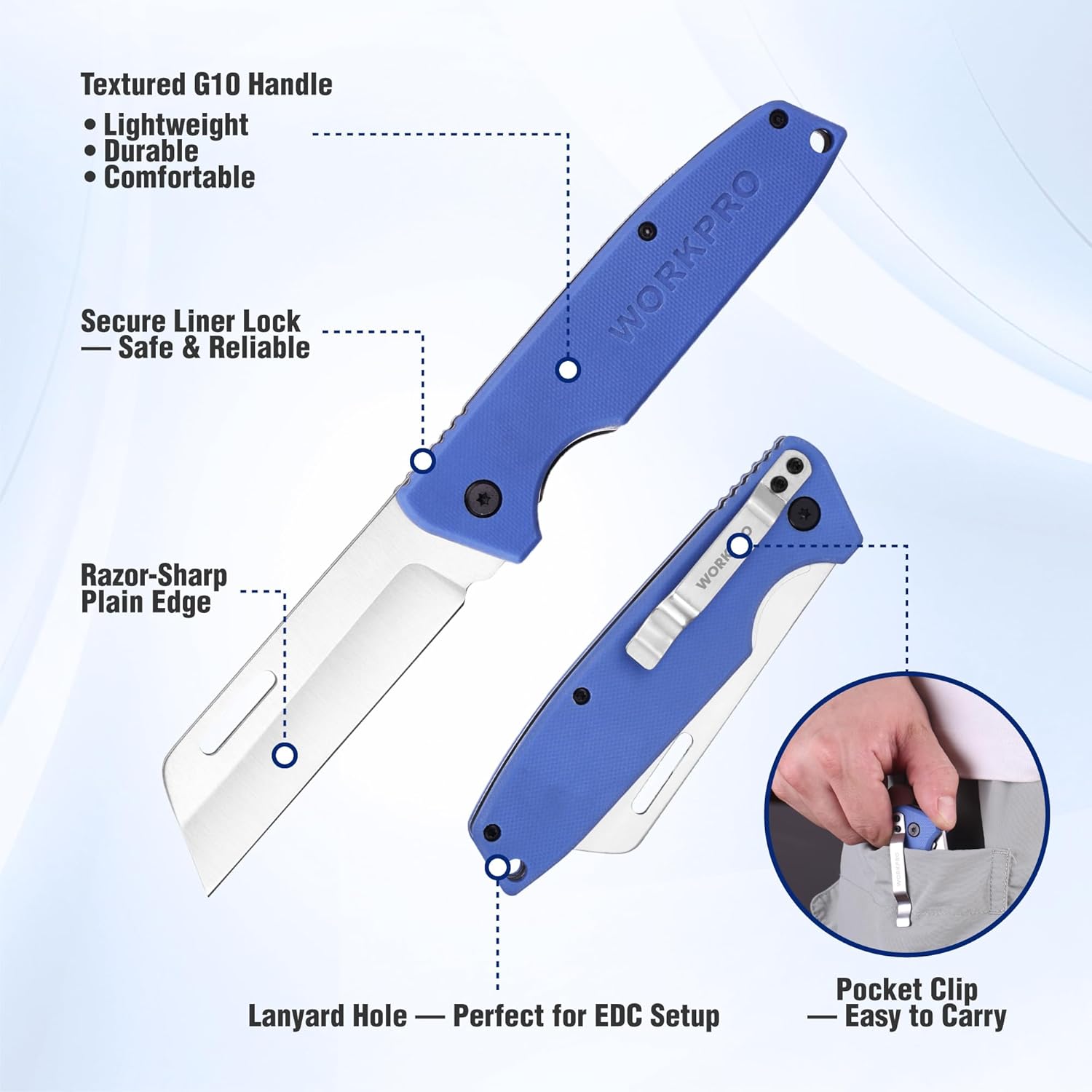Blue folding utility knife with liner lock, textured handle, and plain edge blade
