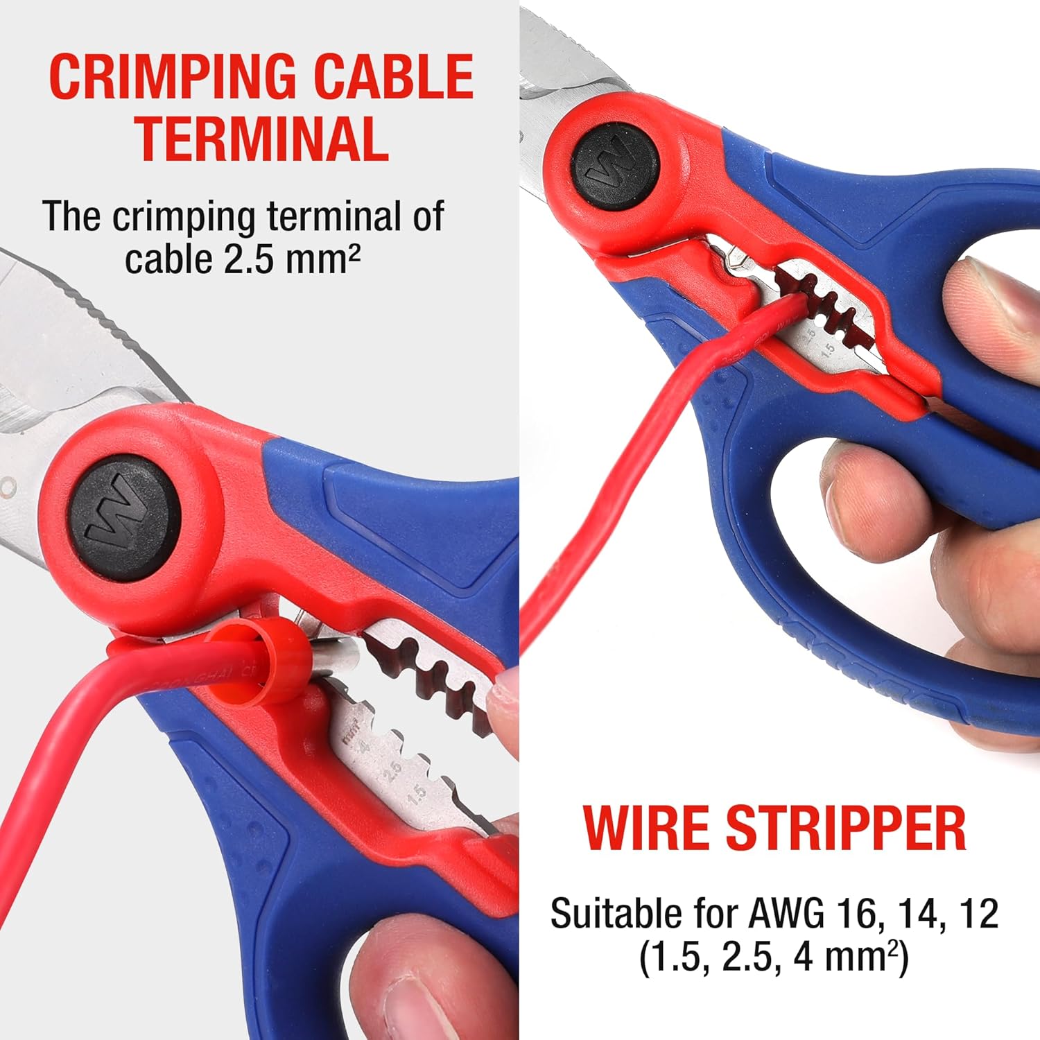 Electricians shears with crimping wire stripper jaws, red and blue handle