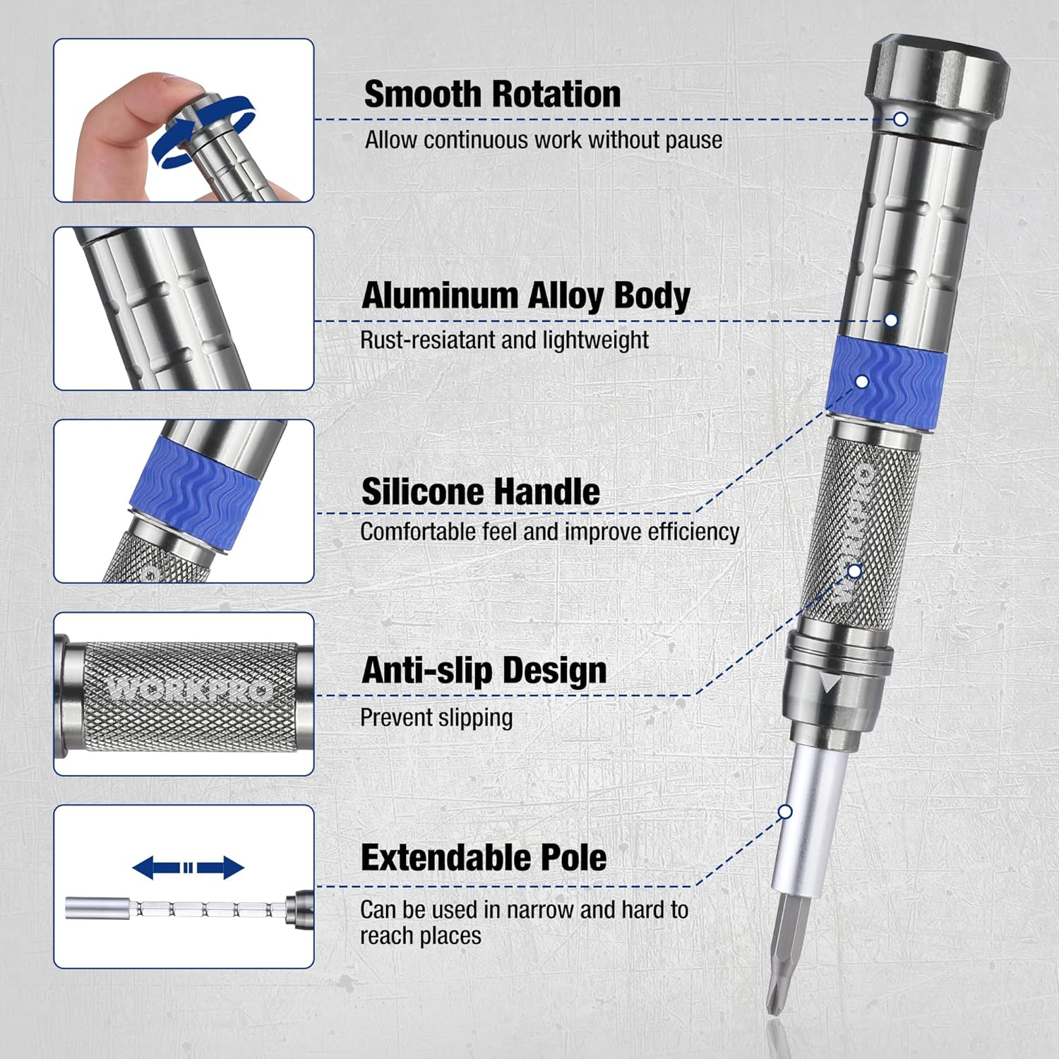 Extendable screwdriver with aluminum body, silicone grip, anti-slip handle, adjustable pole