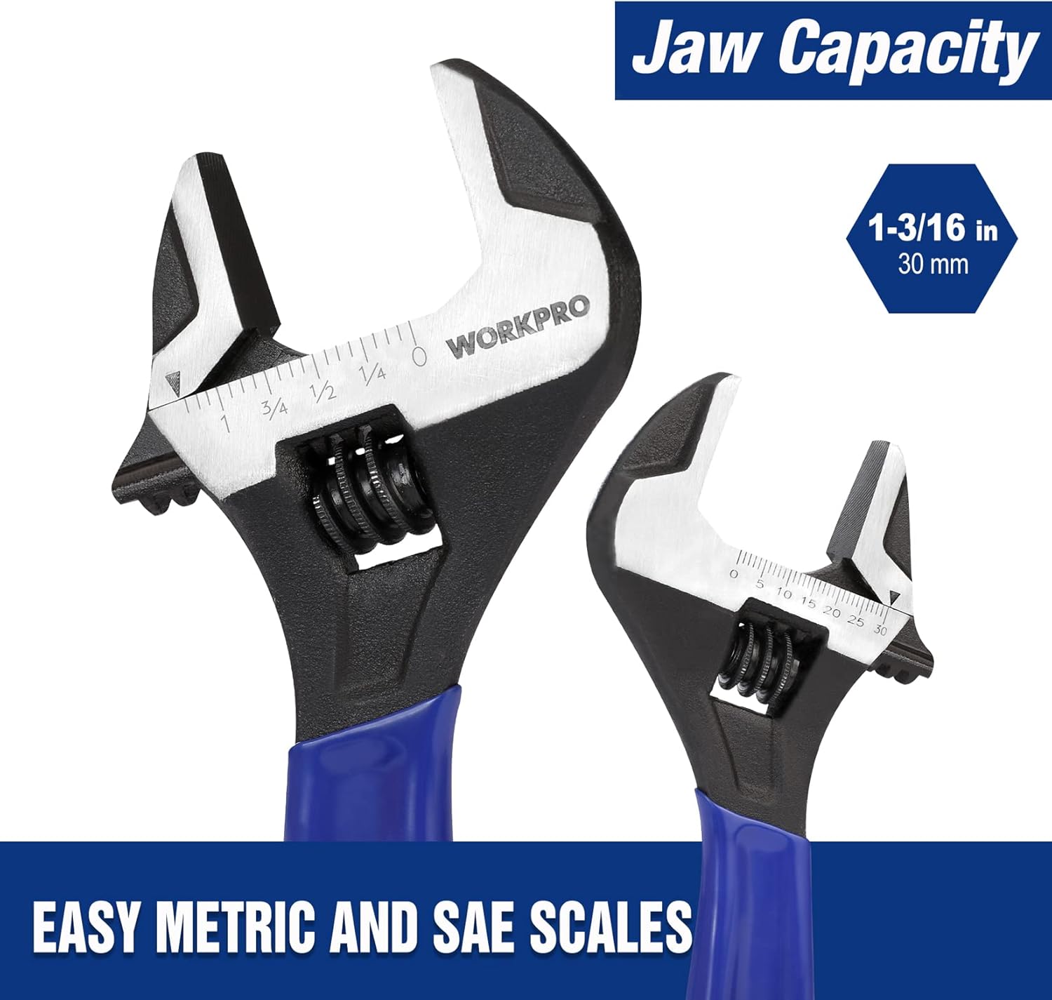 Adjustable wrench showing jaw capacity and metric/SAE markings on the open end