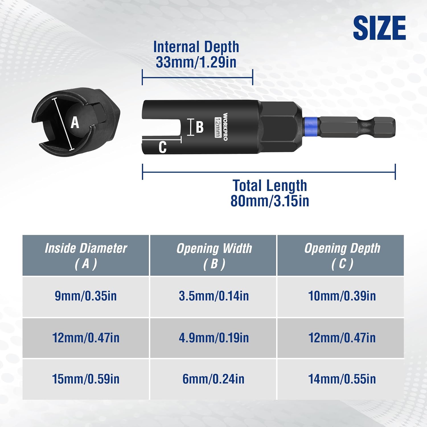 Wing nut driver bit showing size chart for 9mm, 12mm, and 15mm openings