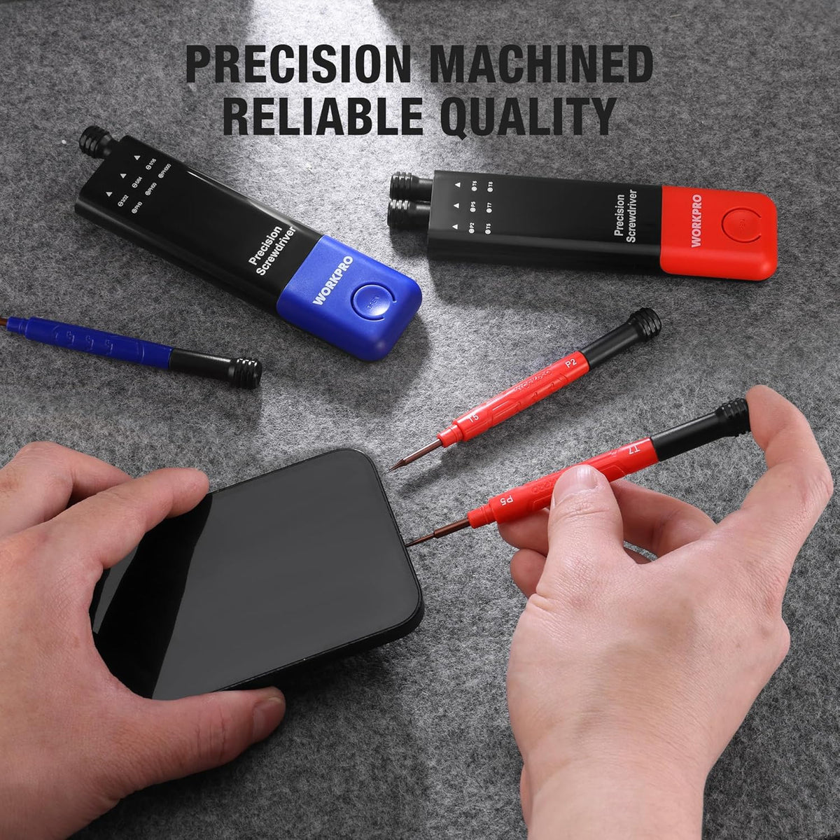 Precision screwdrivers with blue and red handles and metal shafts, shown with a tool case