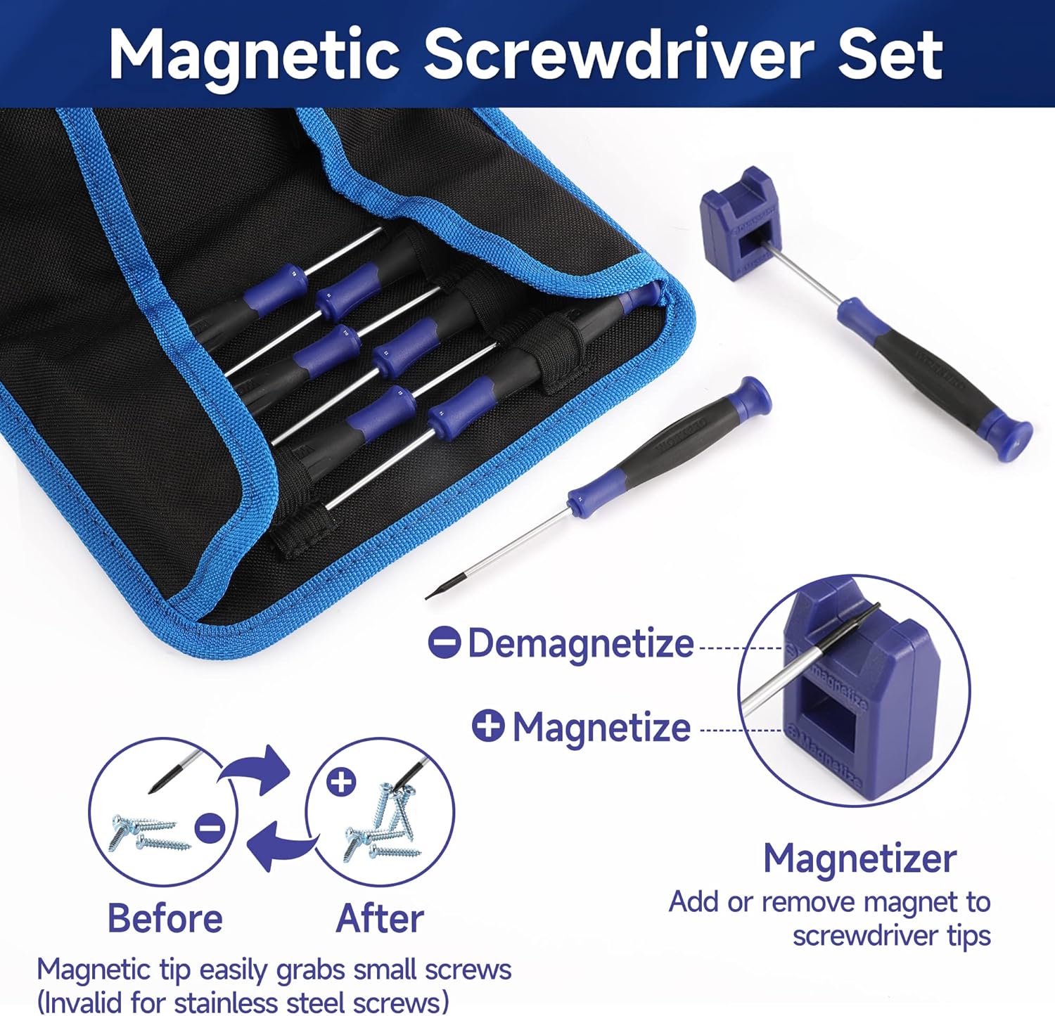 Magnetic precision screwdriver set in blue-trim black pouch with blue-handled tools