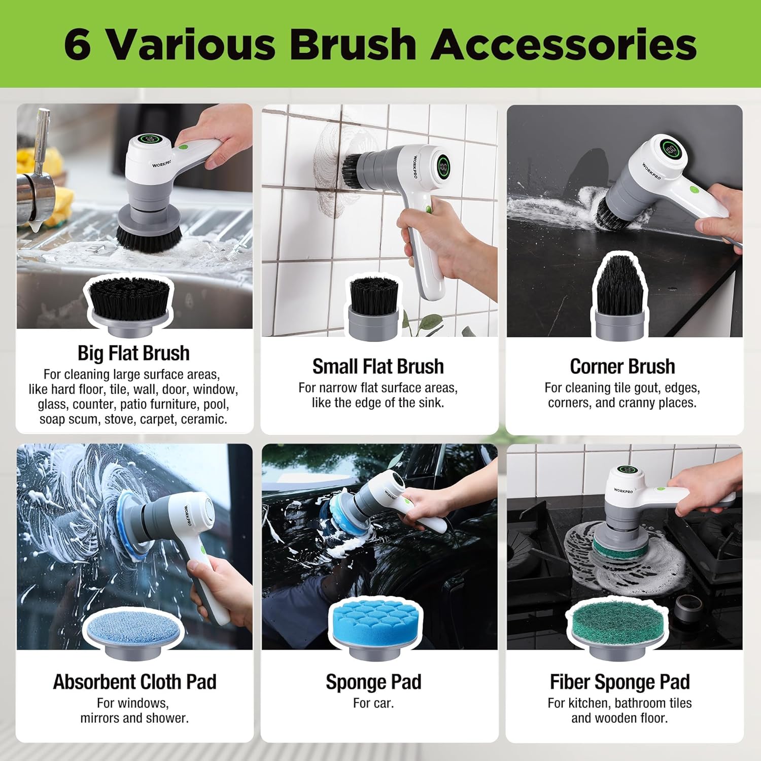 WORKPRO electric scrubber accessory set with six brush and pad attachments