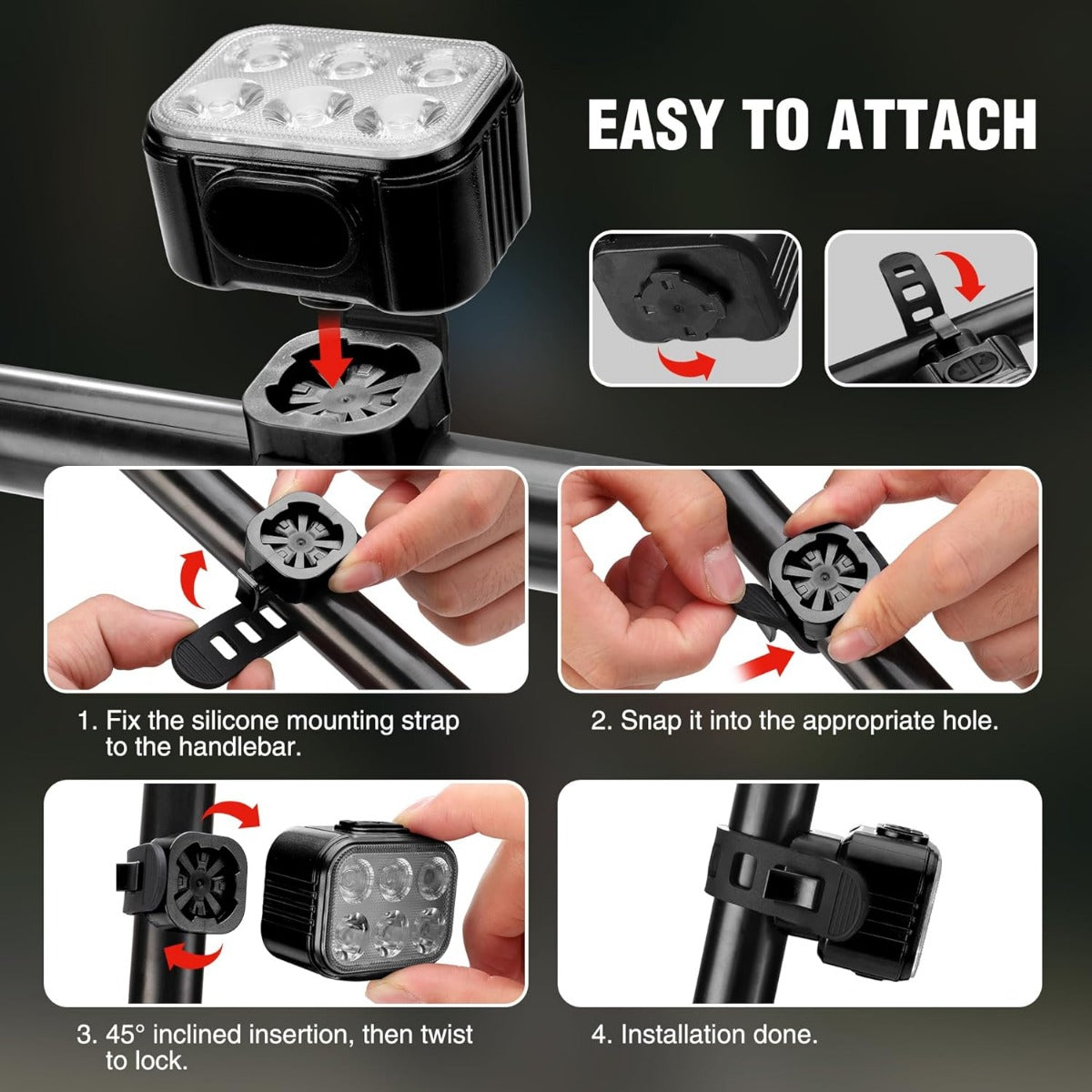 Rechargeable bike light with silicone handlebar mounting strap for easy attachment