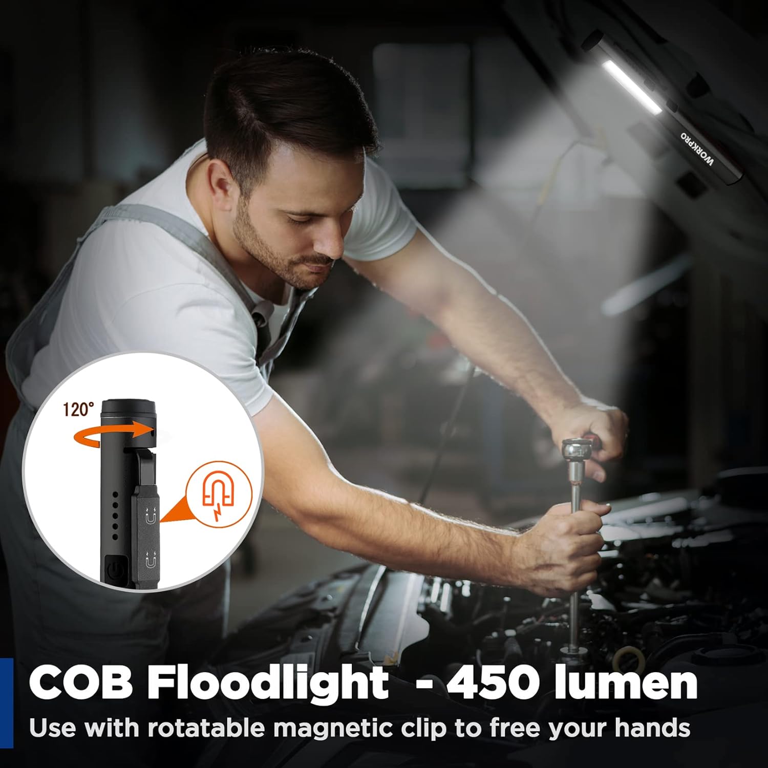 Compact rechargeable pen light with bright COB-style floodlight beam