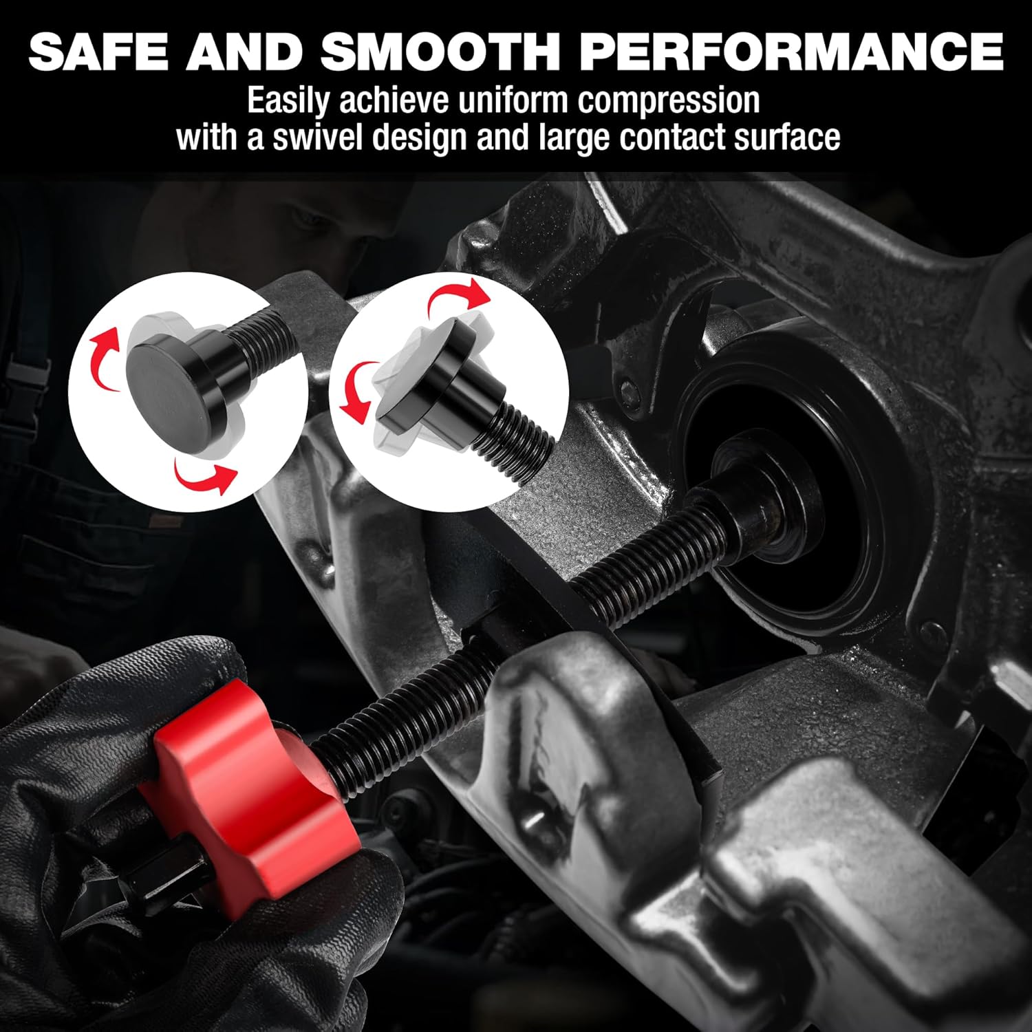 Brake pad spreader compressor tool with swivel joint and large gray contact pad