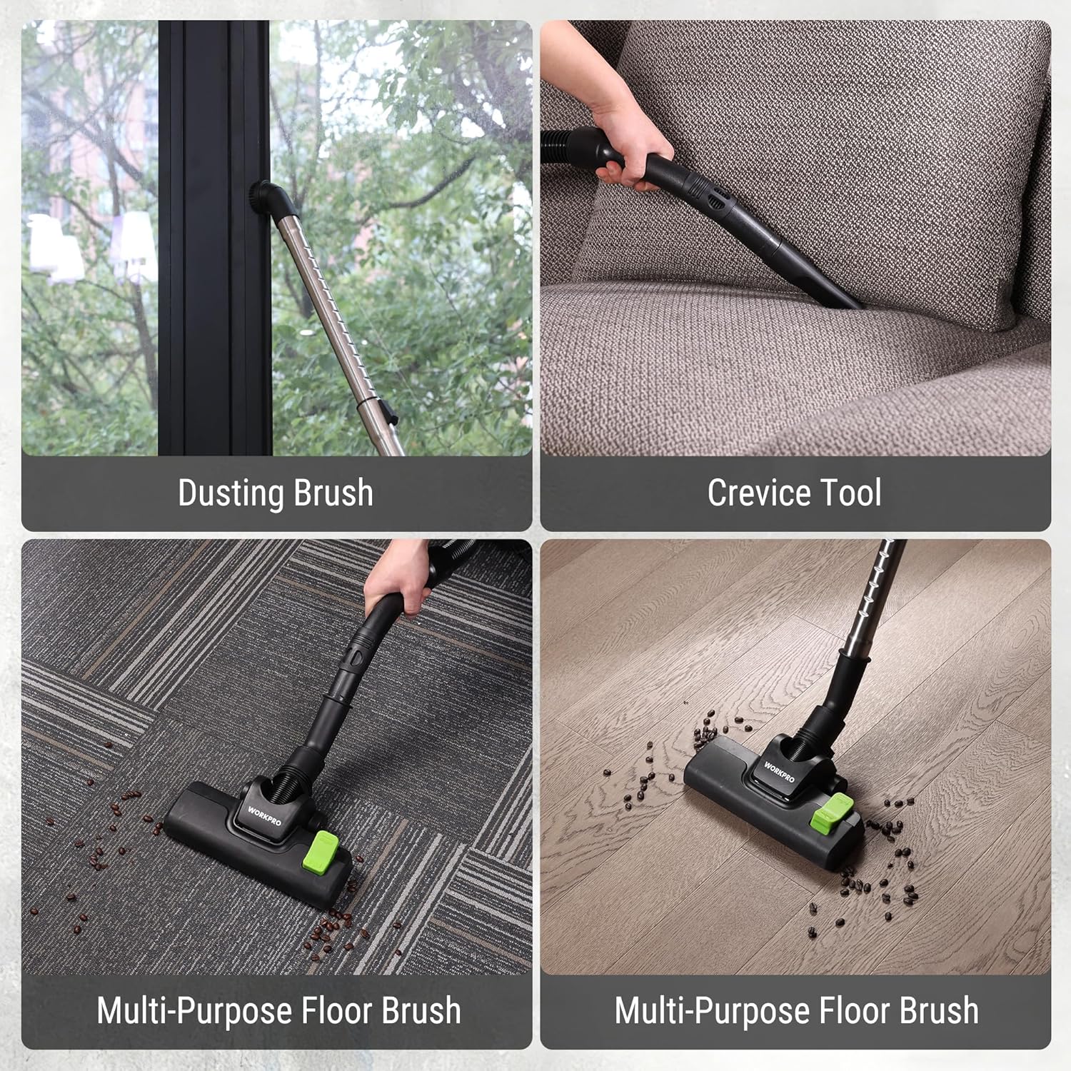 WORKPRO vacuum attachment set: dusting brush, crevice tool, and multi-purpose floor brush.