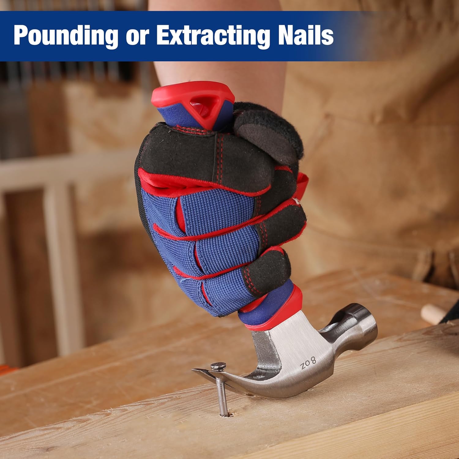 Claw hammer extracting nails, steel claw head and blue-red fiberglass handle