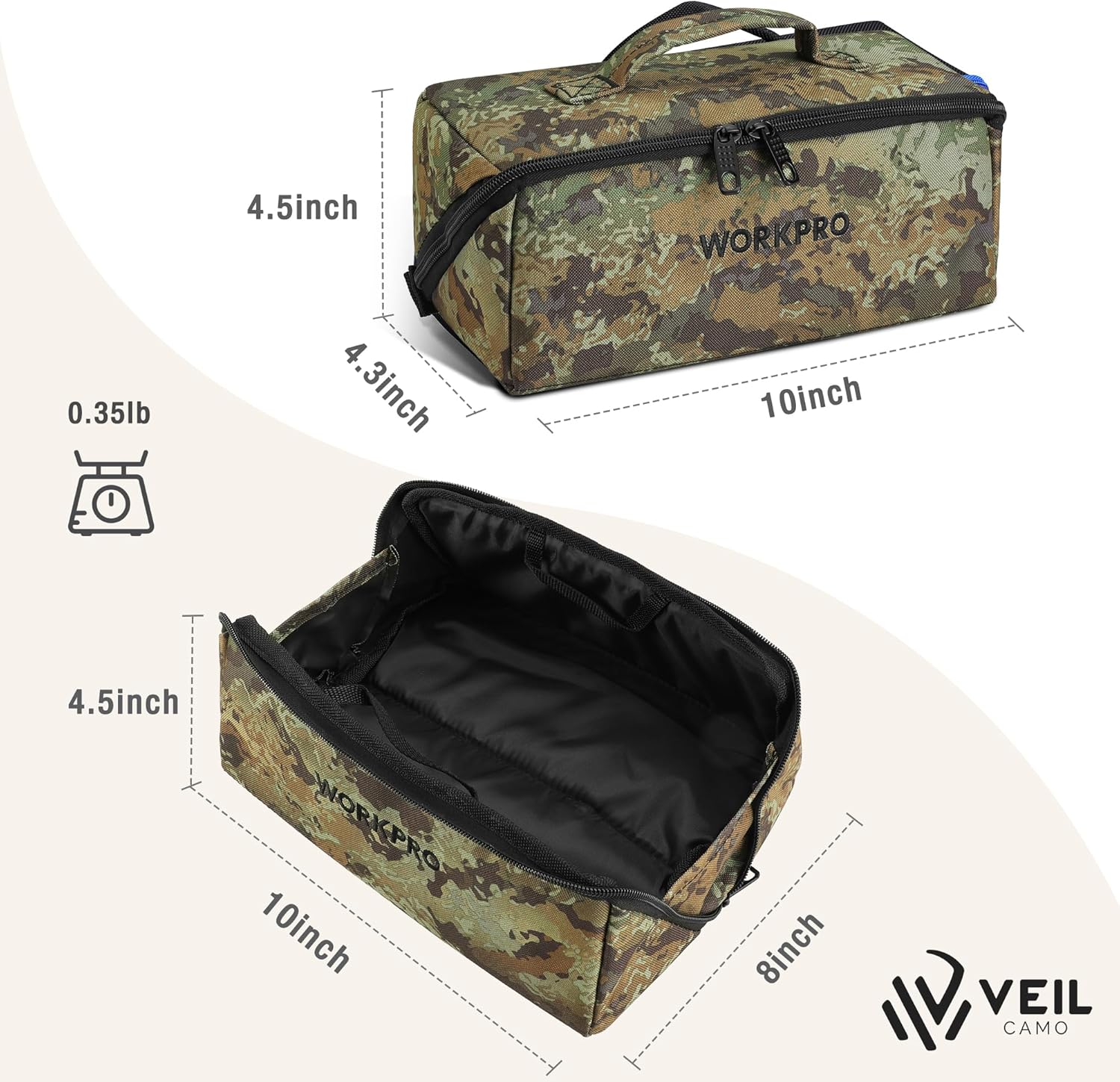 Camo tool storage bag with top handle and wide zip closure, heavy-duty canvas exterior