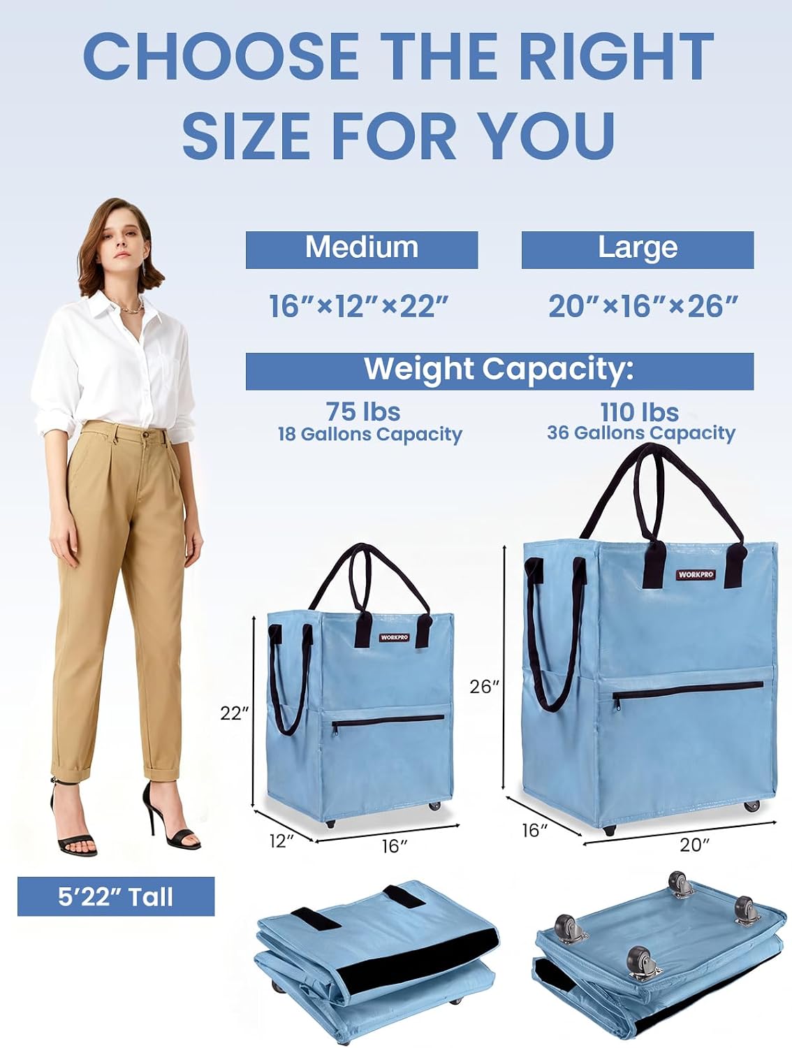 Two blue rolling grocery bags with black handles and wheels, shown in medium and large sizes