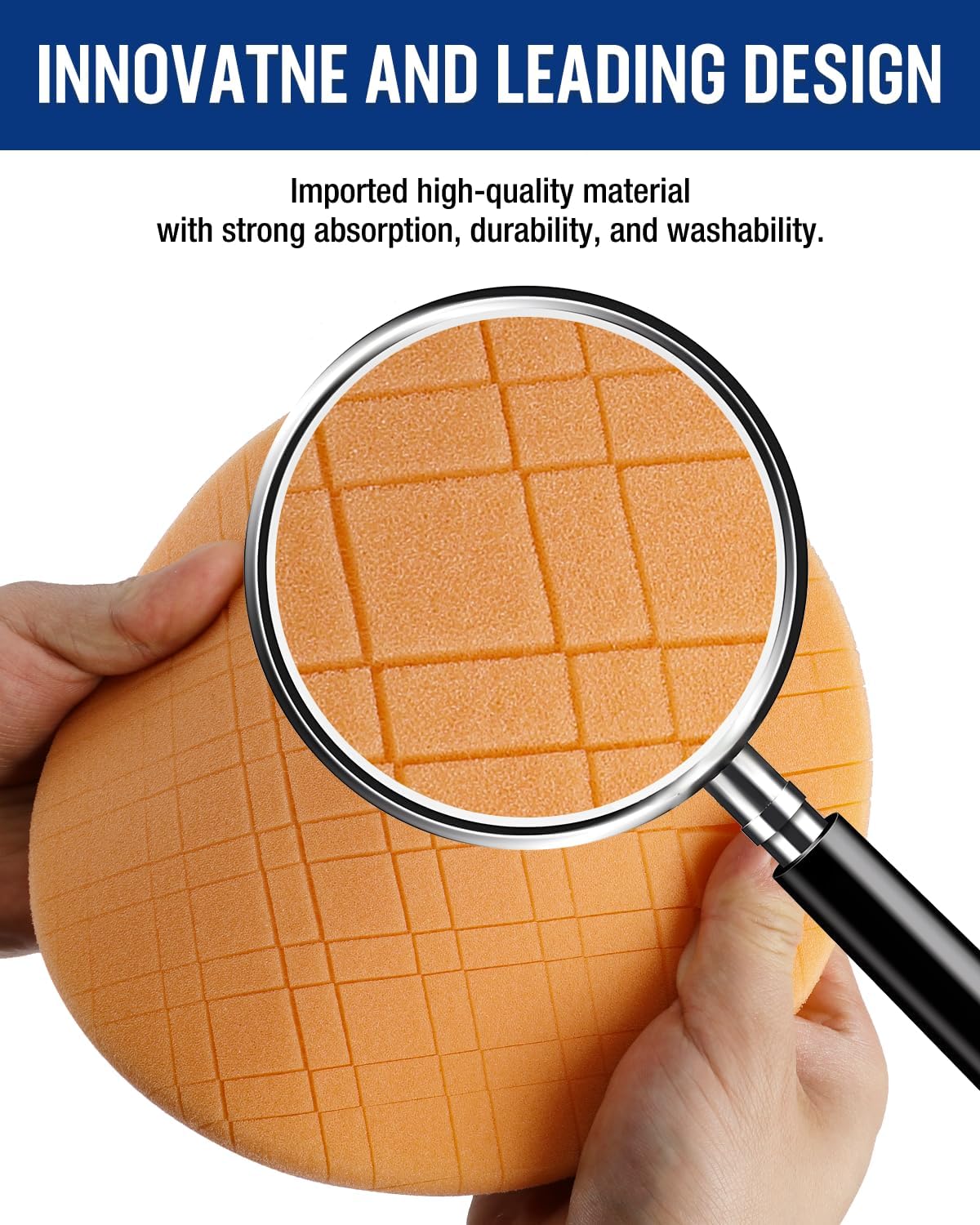Orange circular sponge polishing pad with grid texture, 7.5 inch size