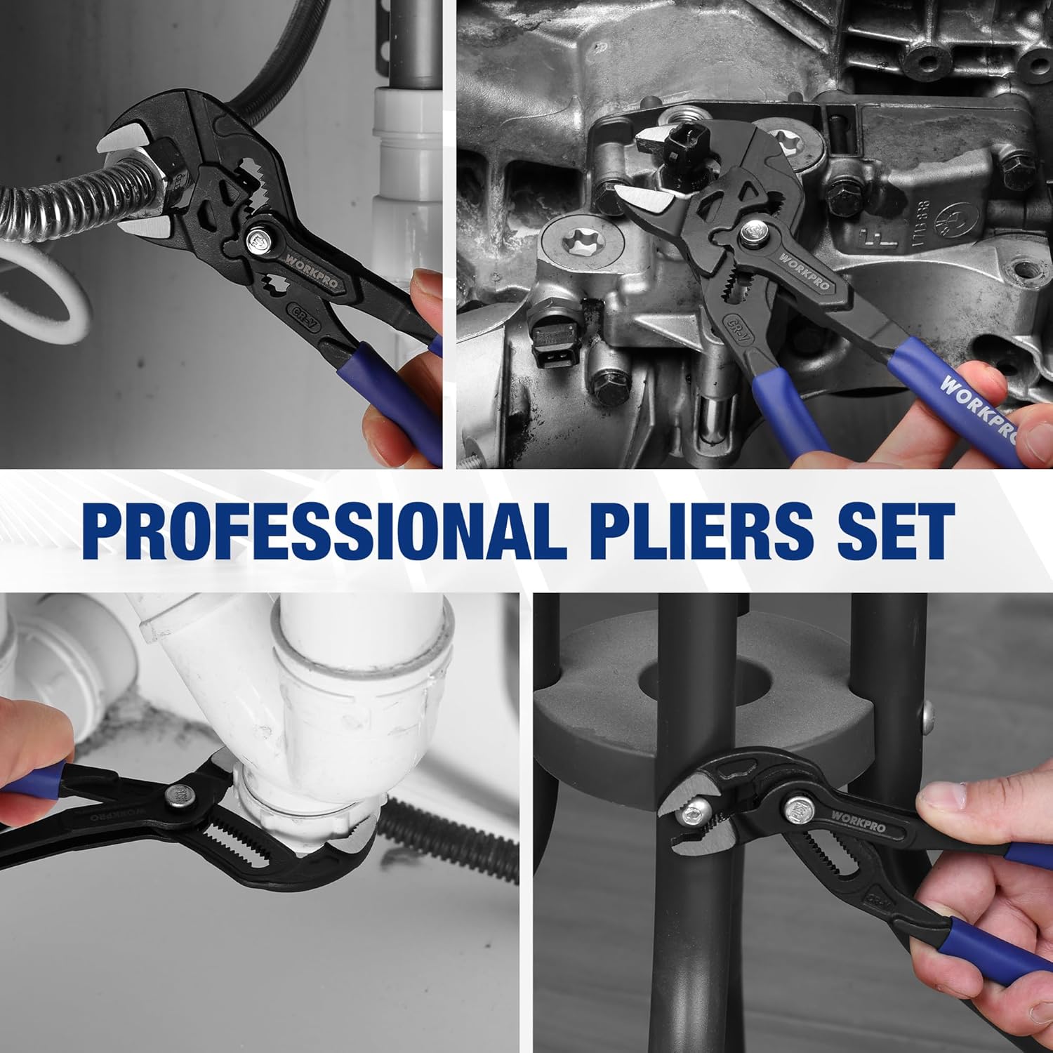 WORKPRO 2-piece pliers set for plumbing repairs, black and blue adjustable jaws