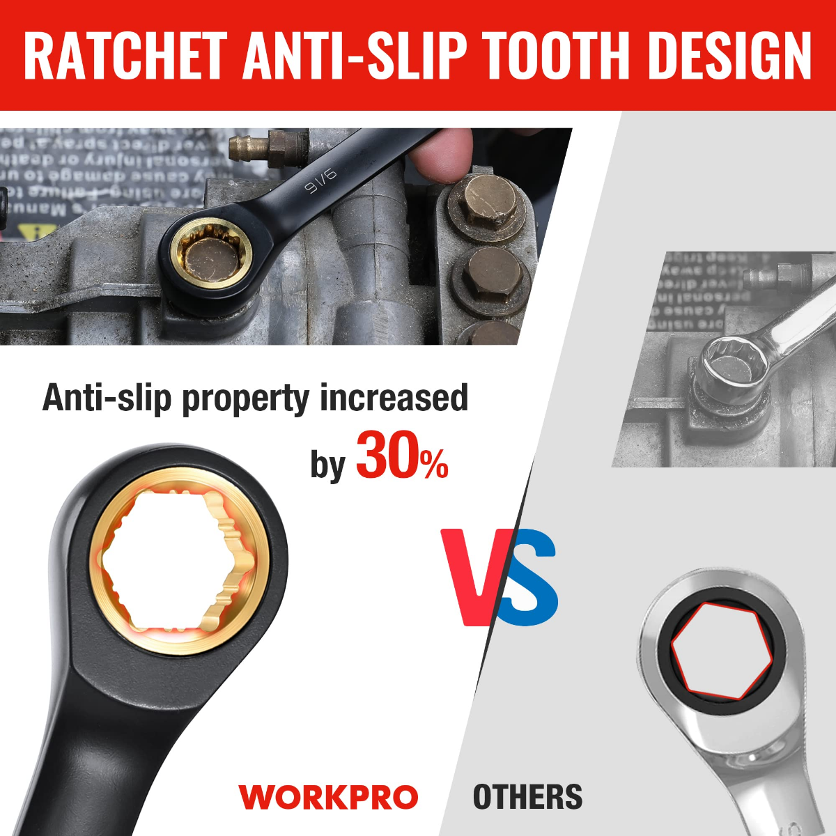 Black ratcheting combination wrench on bolt, anti-slip ratchet tooth design