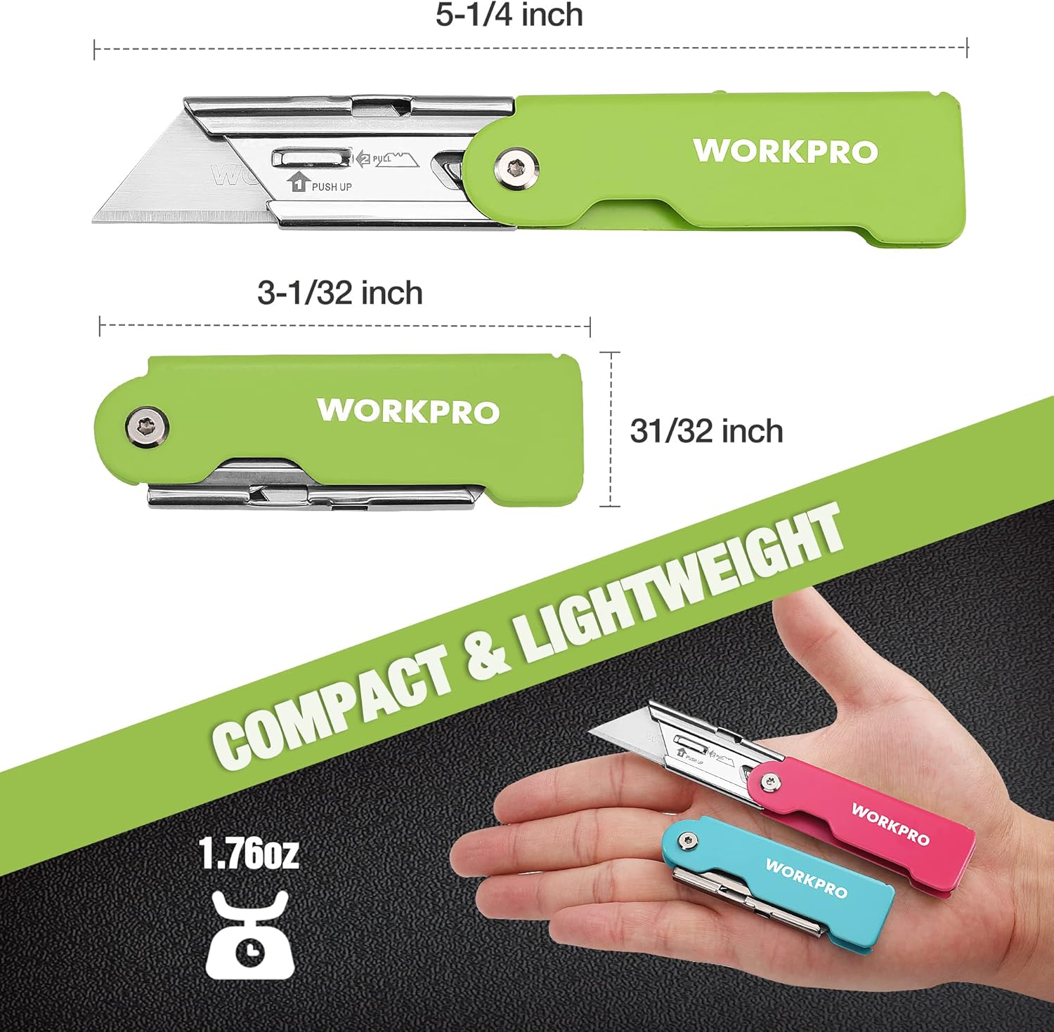 WORKPRO compact folding utility knife with green handle, blade extended