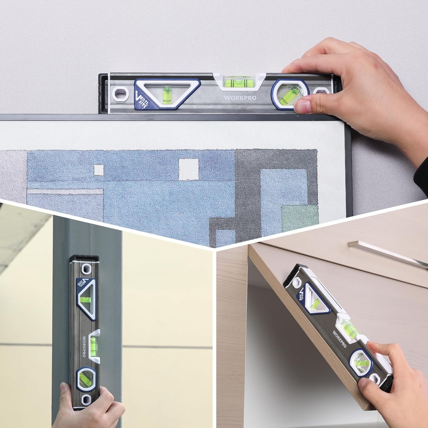 WORKPRO 10-inch torpedo level with three bubble vials and shock-absorbing end caps