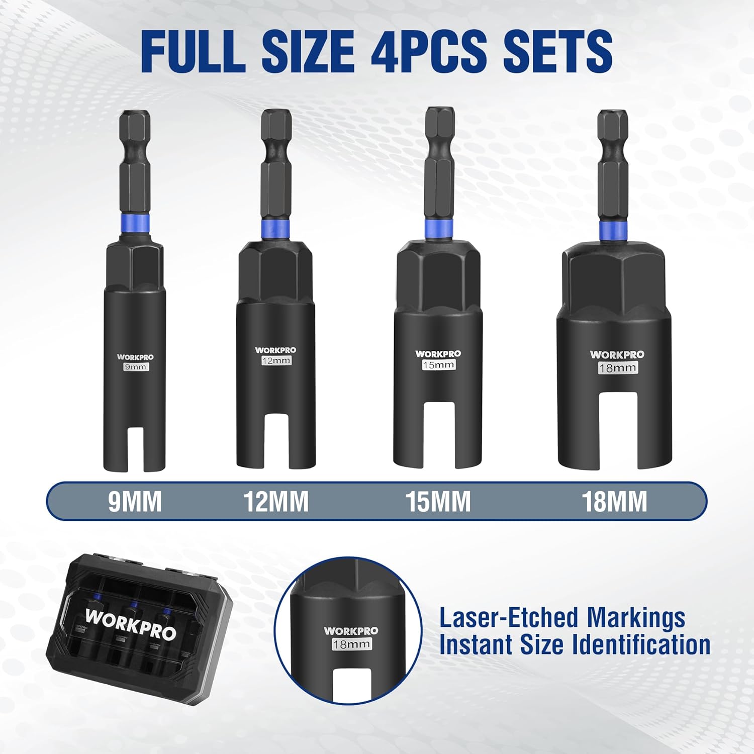 Four-piece wing nut driver set with 9mm, 12mm, 15mm, and 18mm sockets