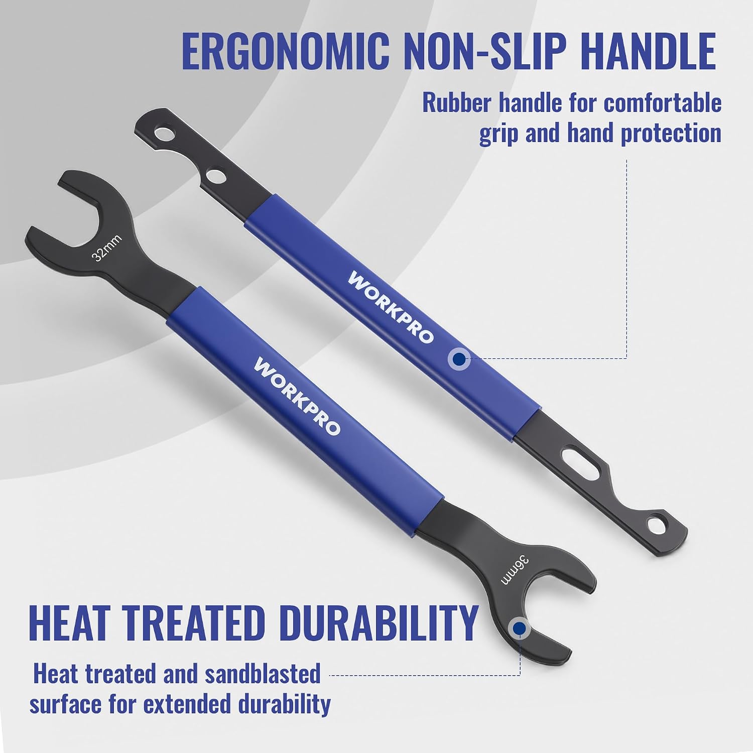 Fan clutch wrench pair with ergonomic blue rubber handles and black hooks