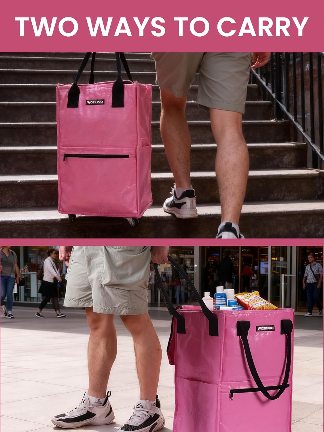 Pink reusable rolling grocery bag showing front handle and side carry with wheels