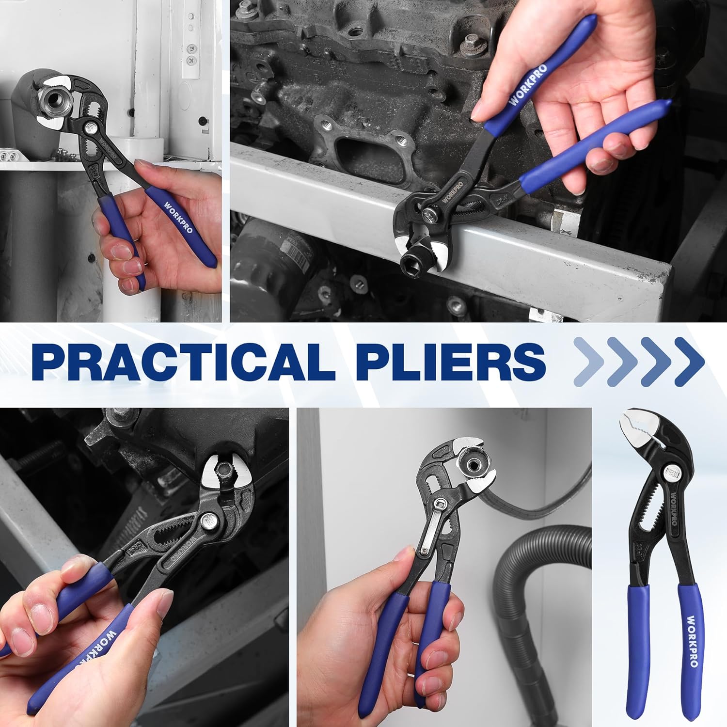 Water pump pliers with black adjustable jaws and blue comfort grips for repair work