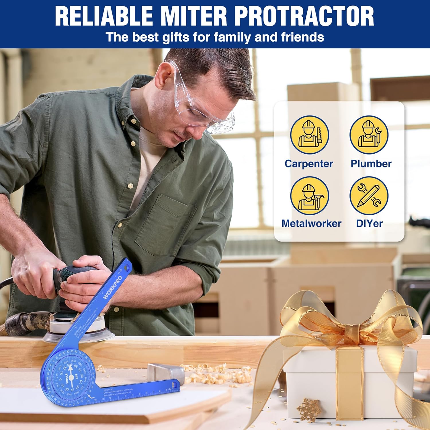 Blue miter protractor measuring an angle on a wooden board