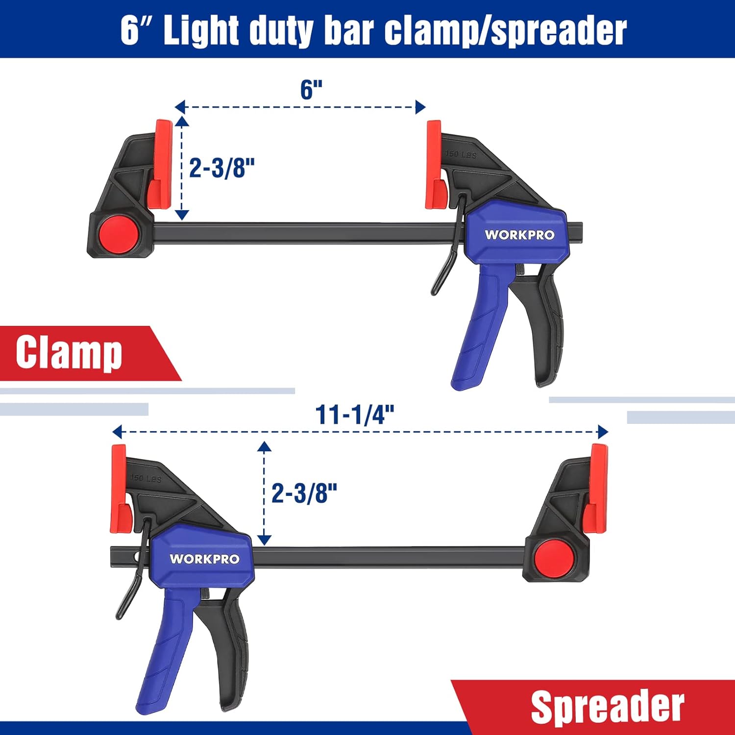 WORKPRO 6 in light-duty bar clamp/spreader with blue handle and red pads