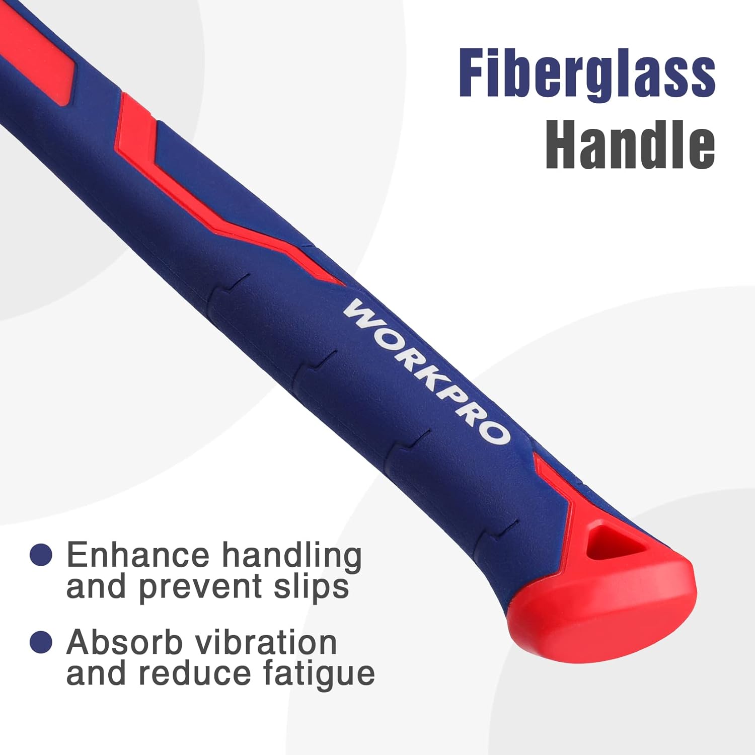 Fiberglass claw hammer handle in blue with red end cap, non-slip grip texture