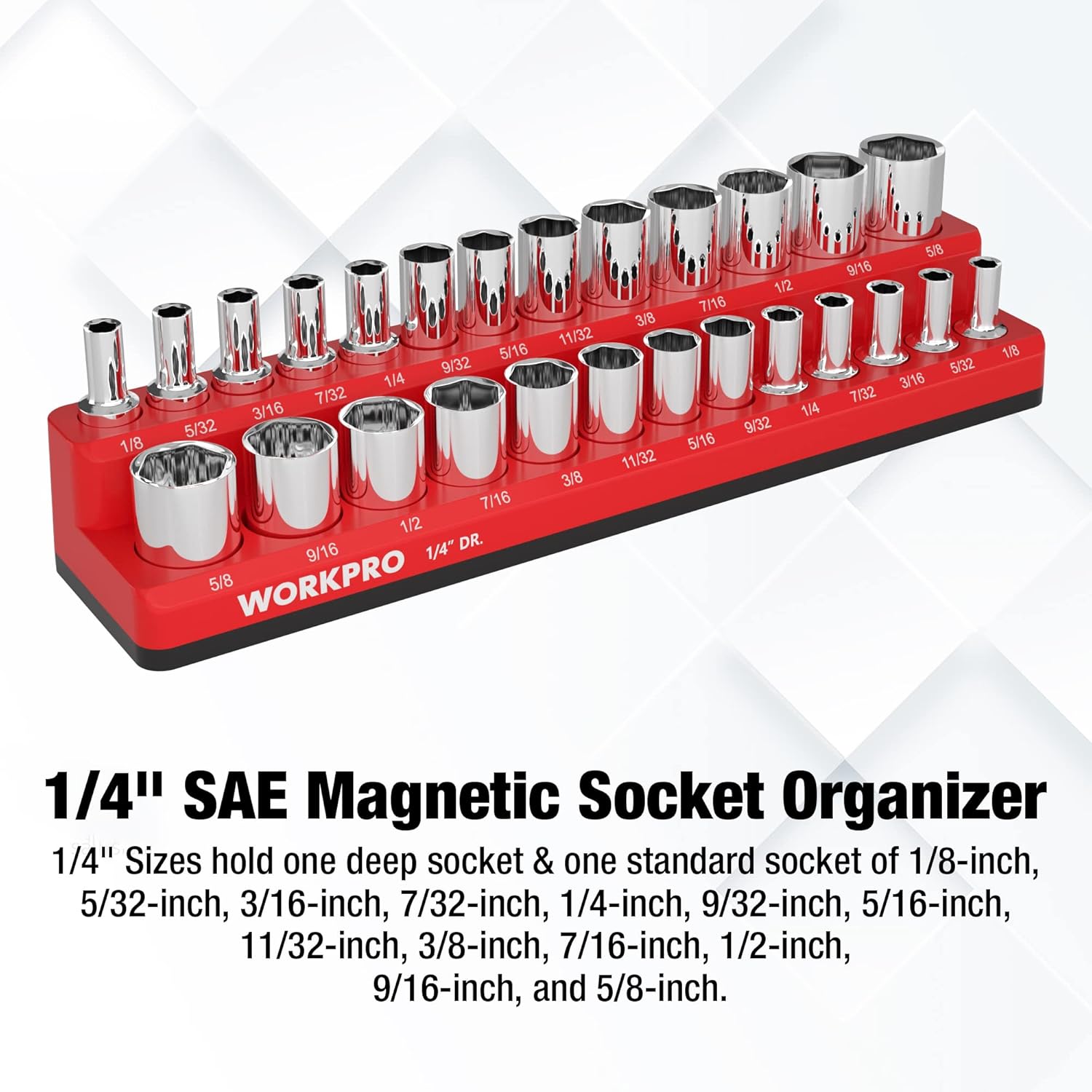 WORKPRO 1/4-inch SAE magnetic socket organizer, red tray with chrome socket holders