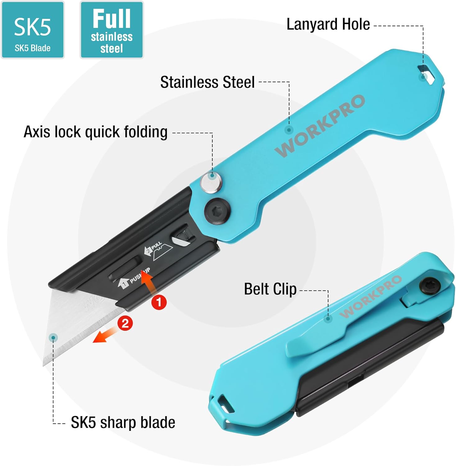 Turquoise folding utility knife with belt clip, axis lock, and lanyard hole