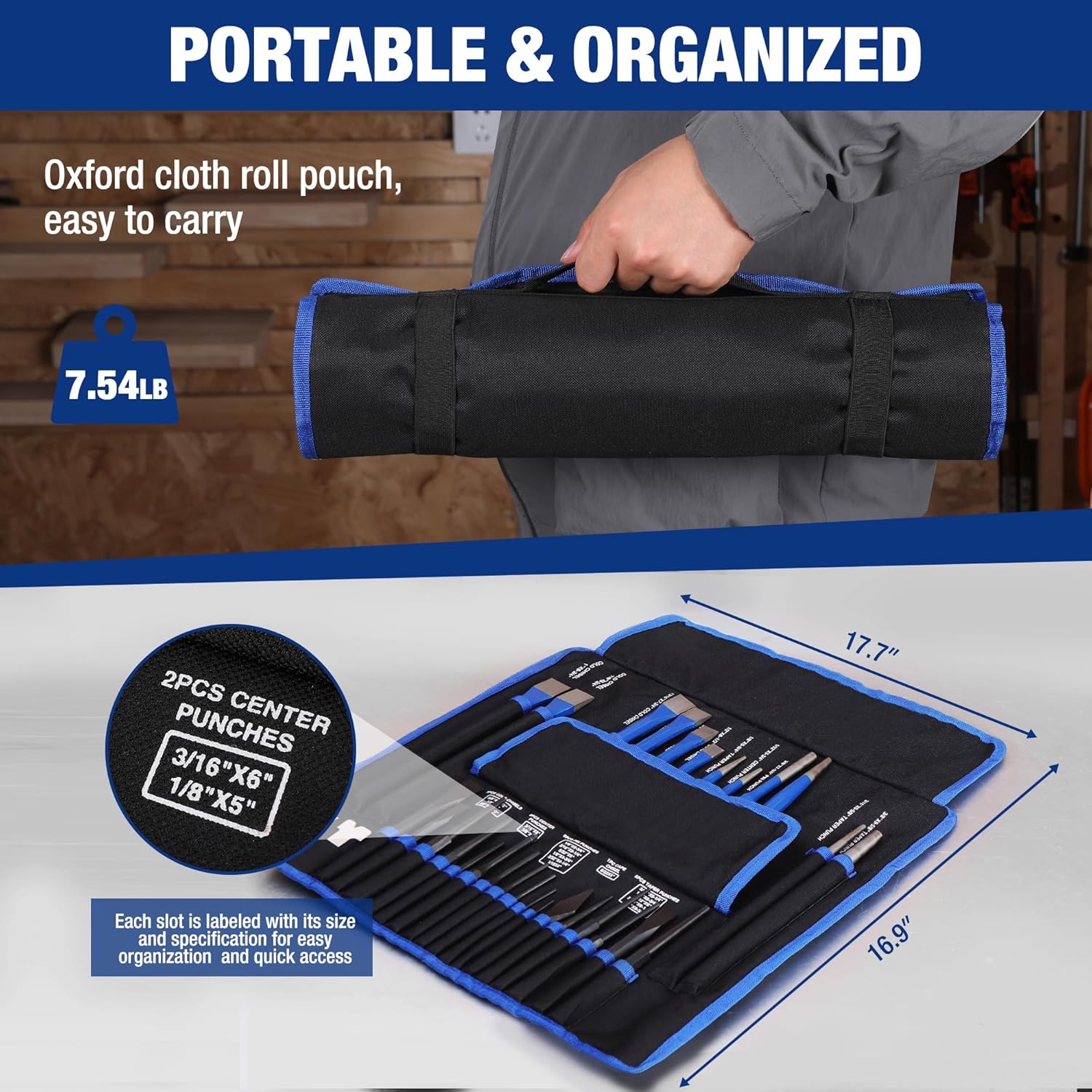 Portable black oxford cloth roll pouch with blue trim holding punch and chisel tools.