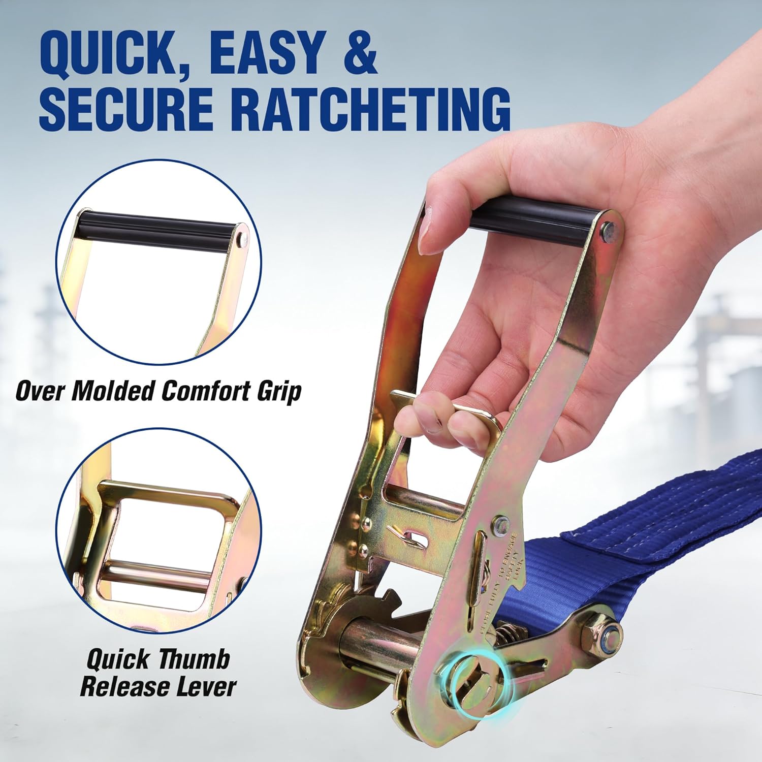 Blue ratchet tie-down strap with handle, thumb lever, and polyester webbing